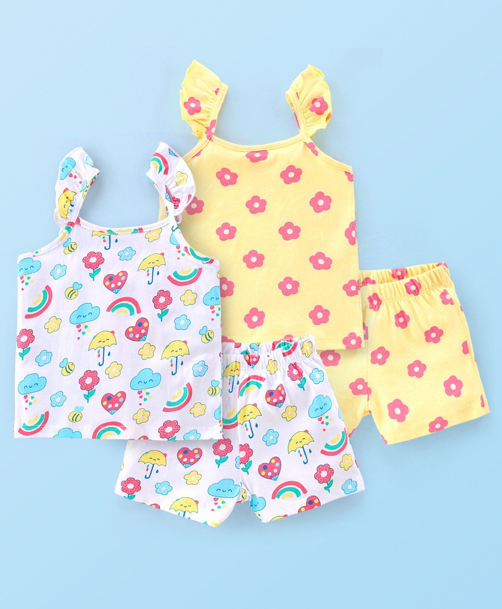 Babyhug Cotton Knit Sleeveless Night Suit Raining Cloud & Floral Print Pack of 2 - Yellow & White