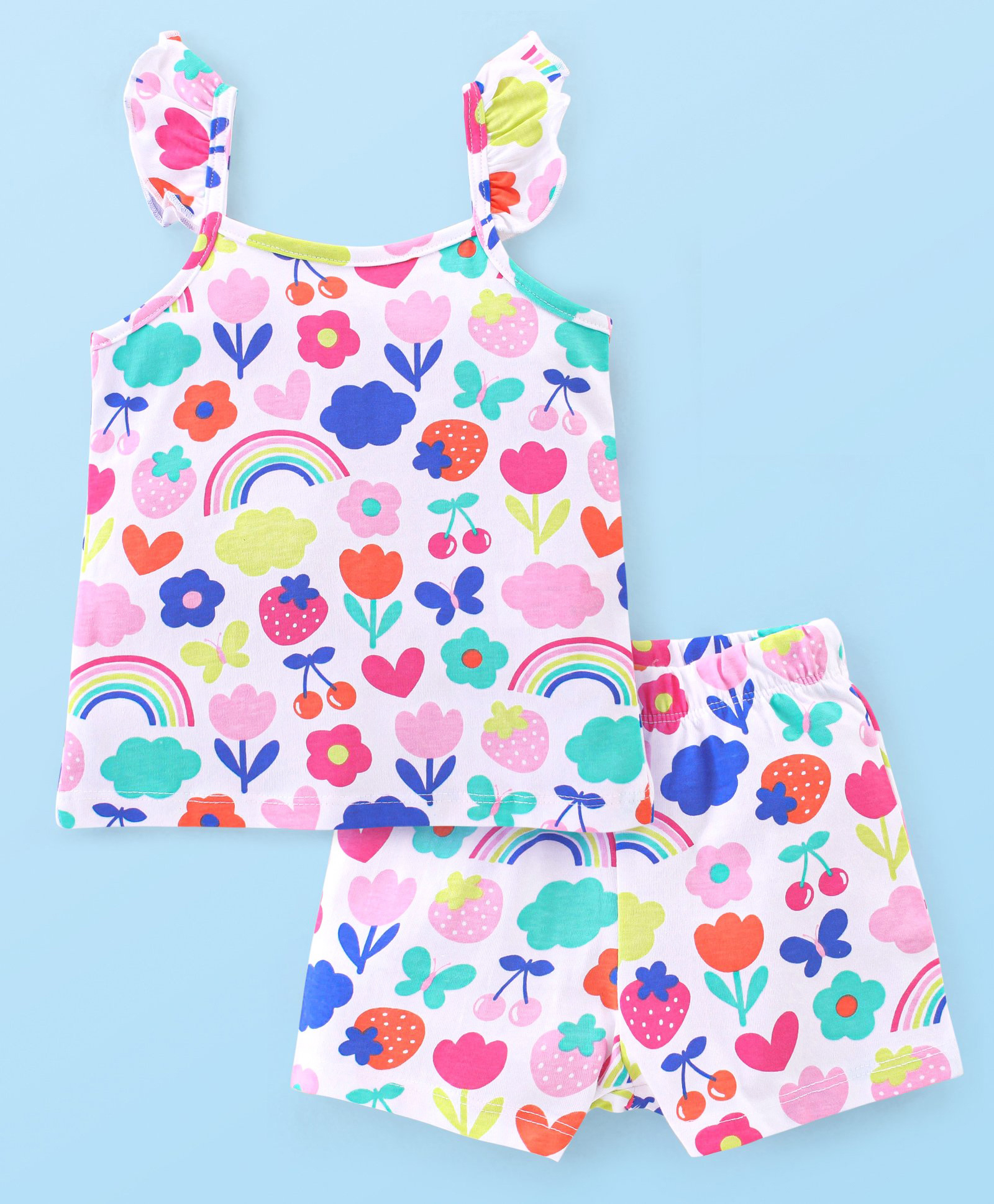 Babyhug Cotton Knit Single Jersey Sleeveless Night Suit With Floral Print - White-picture-21