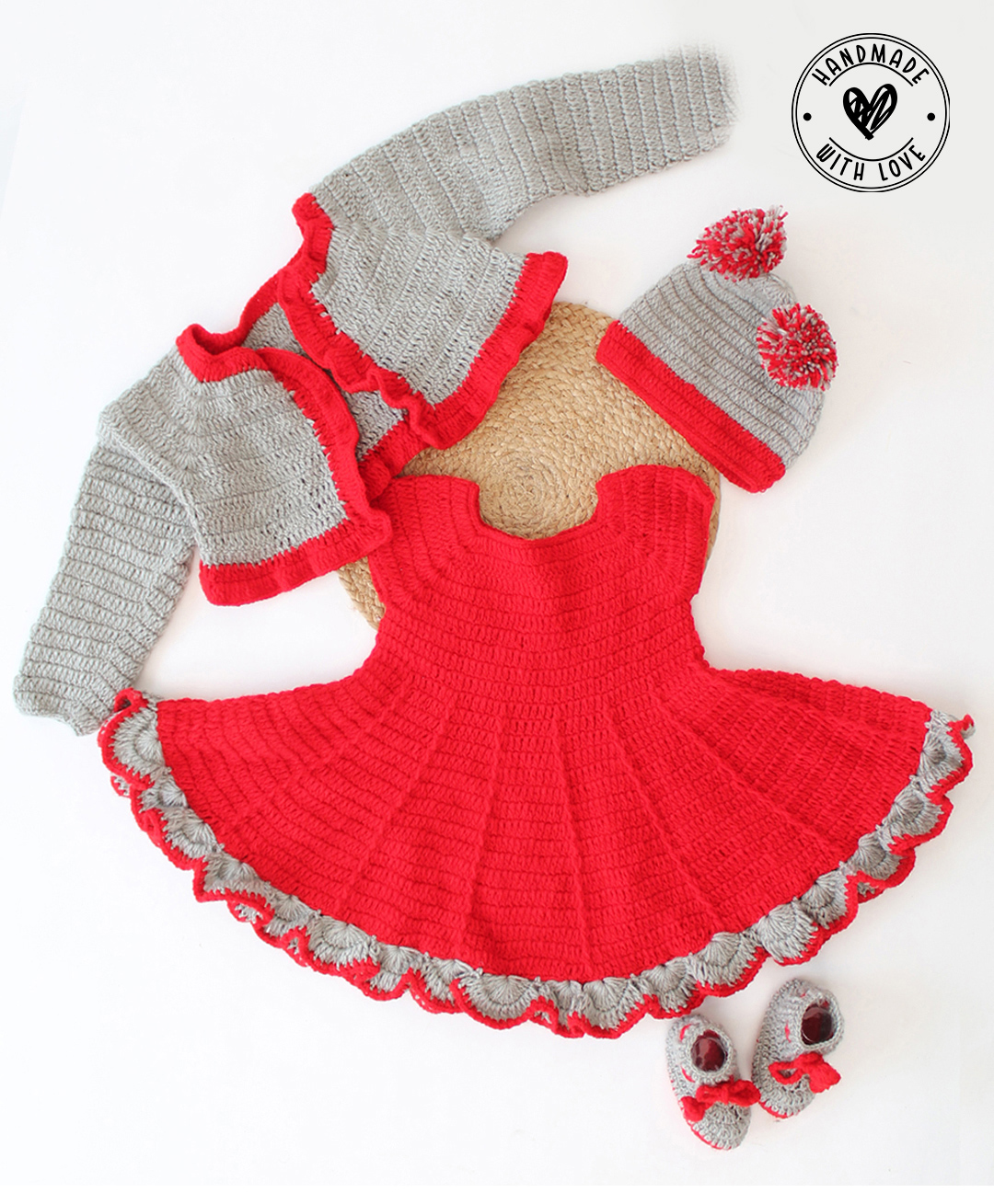 Woonie Christmas Theme Full Sleeves Colour Blocked  Crochet Flared Dress  With Coordinating  Shrug Cap & Booties Set - Red-image-14