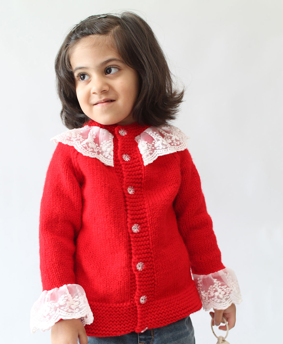 Woonie Christmas Theme Full Sleeves Hand Knitted Lace Detailed  Cardigan - Red-image-36