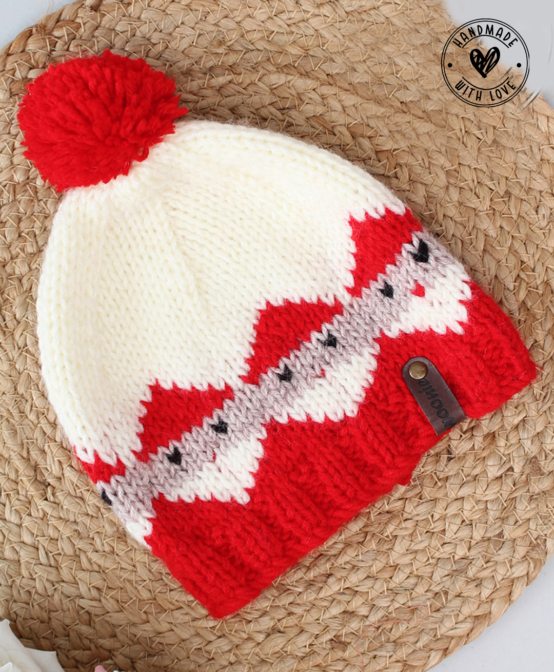 Woonie Christmas Theme Handmade Santa Design & Pom Pom Applique Detailed  Cap - Cream-image-10