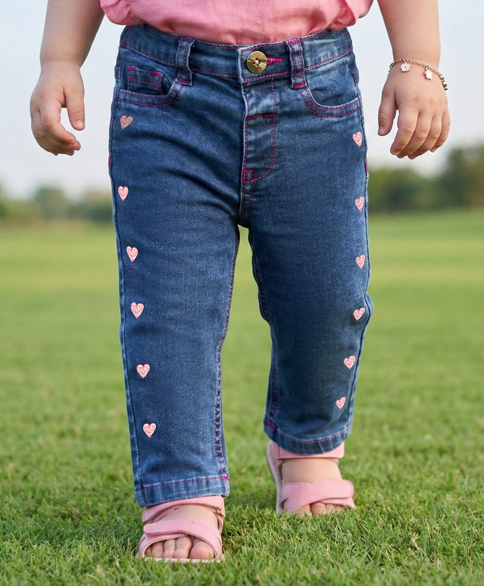 Babyoye Cotton Spandex Jeans With Heart Applique - Navy Blue-picture-20