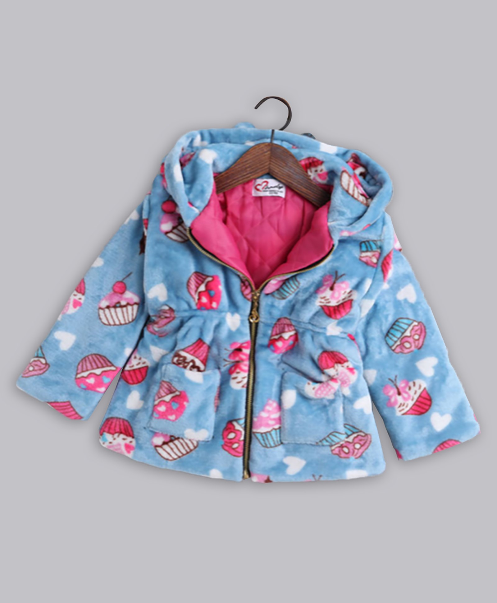 M'andy Faux Shearling Full Sleeves Cup Cakes Printed Hooded Zipper Jacket - Blue-picture-20