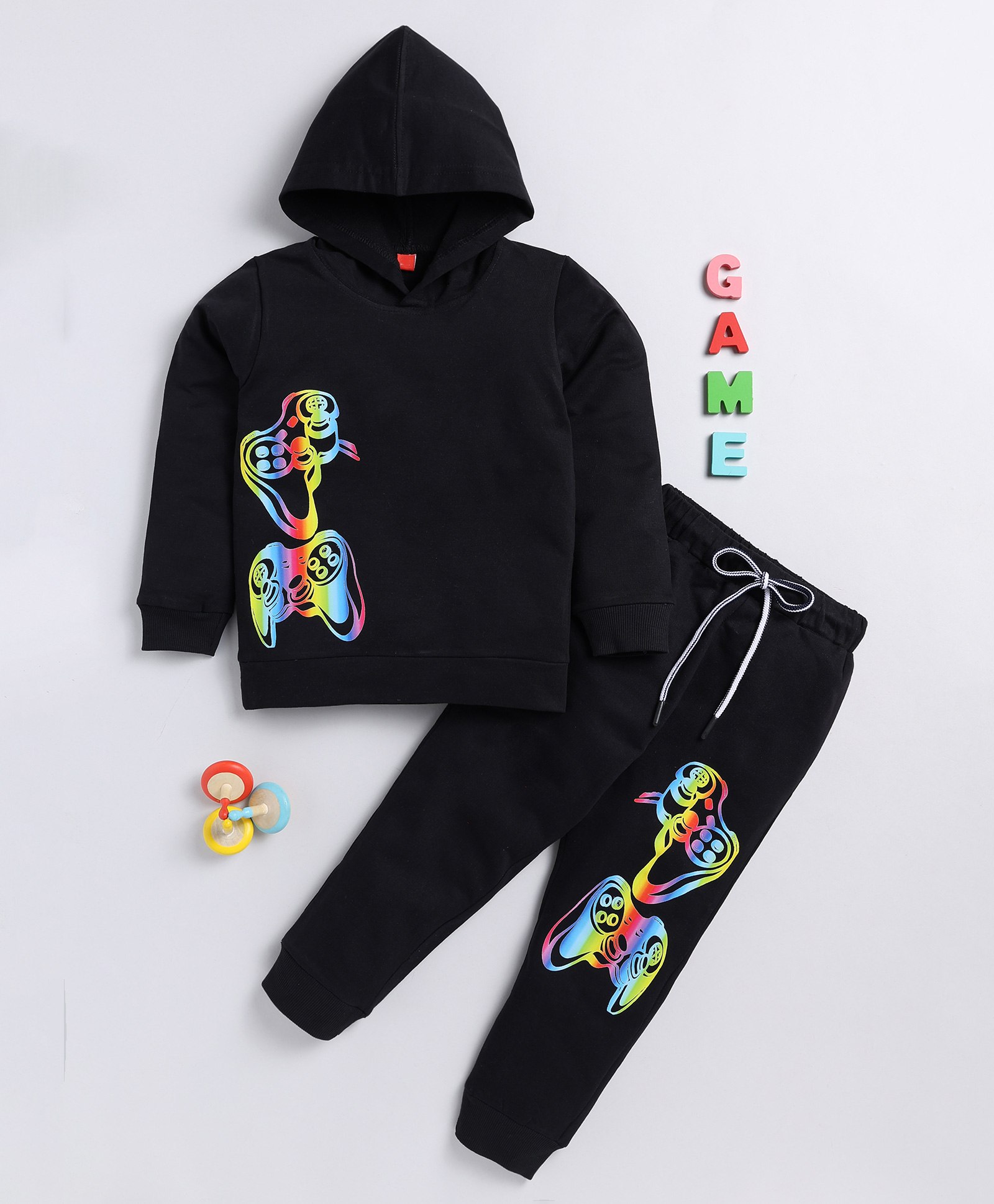 TOONYPORT Full Sleeves Gamer Theme Printed Coordinating Hooded Sweatshirt & Joggers Set - Black-image-45