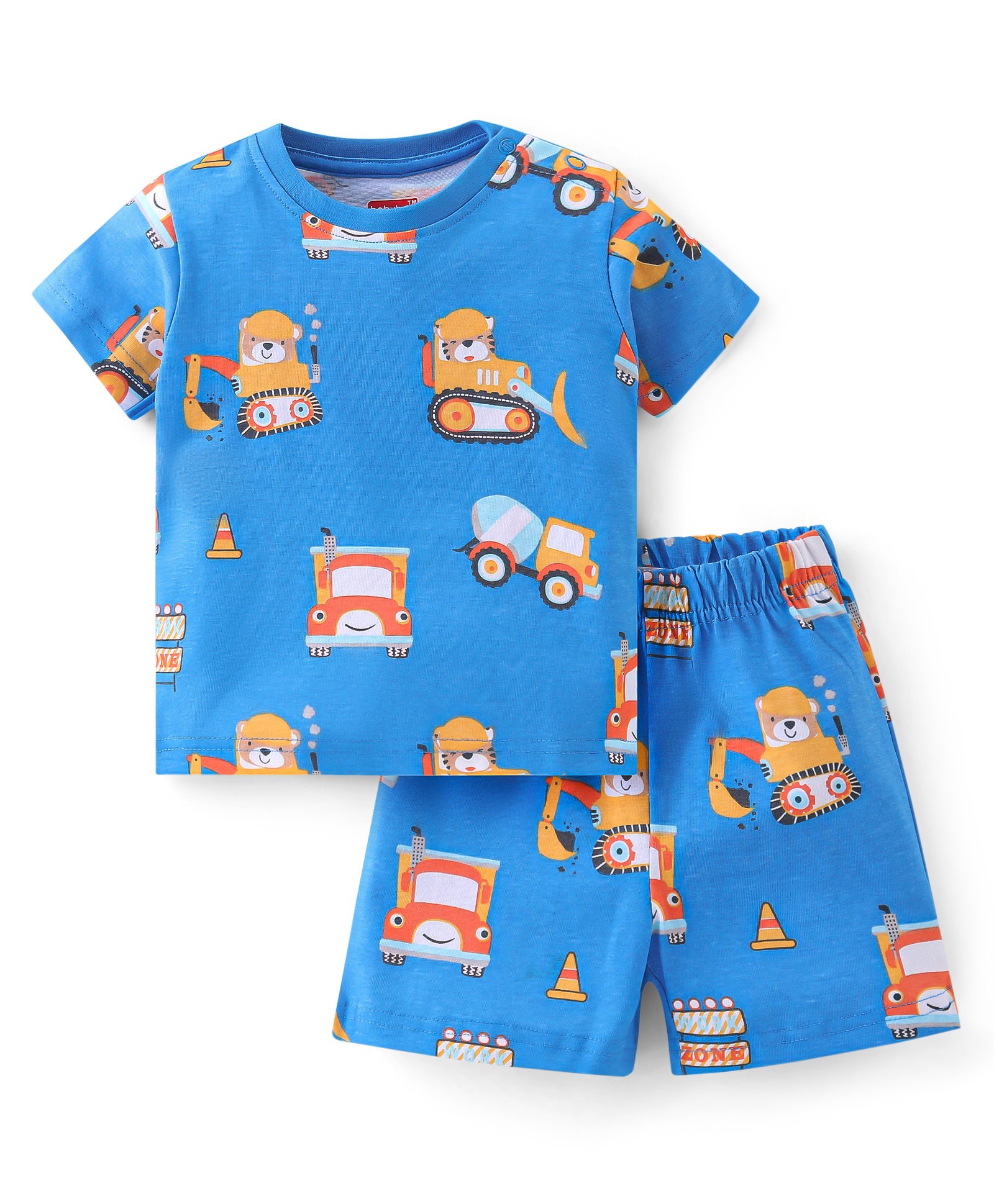 Babyhug Cotton Single Jersey Knit Half Sleeves Night Suit Construction Vehicle Print - Blue