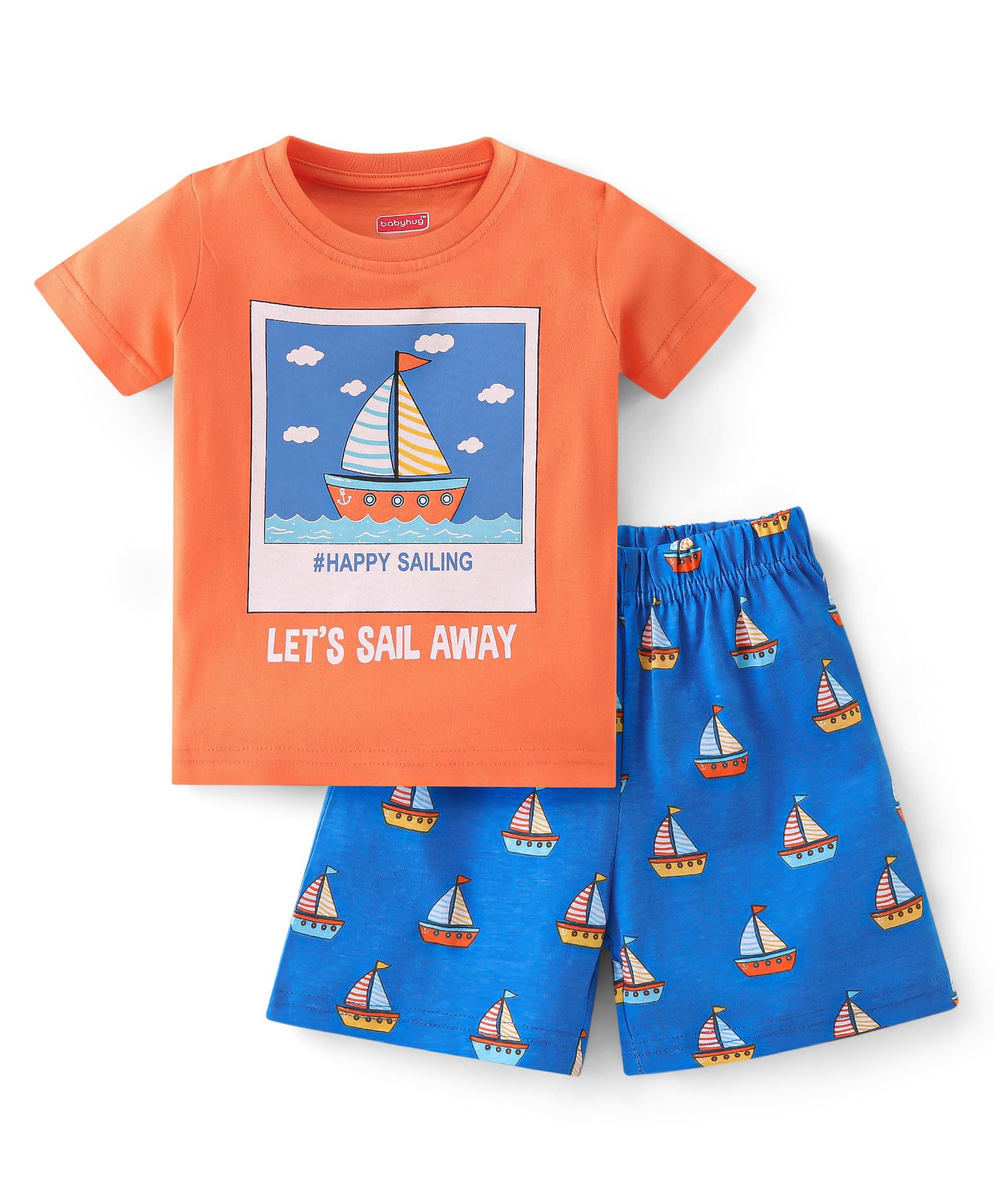 Babyhug Cotton Single Jersey Knit Half Sleeves Night Suit Boat Print - Orange & Blue-image-15