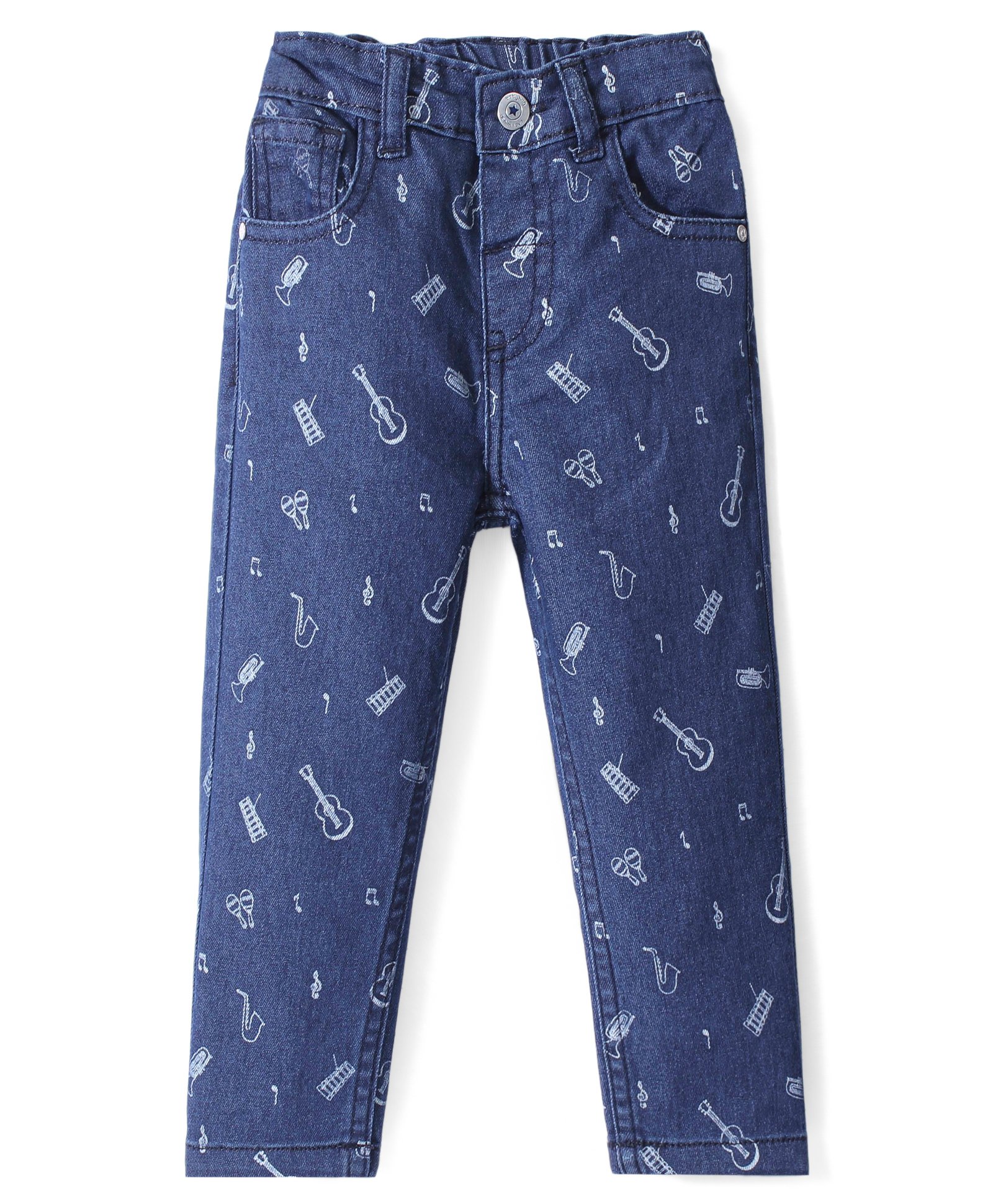 Babyhug Full Length Denim Jeans With Stretch & Musical Instruments Printed - Blue-image-21