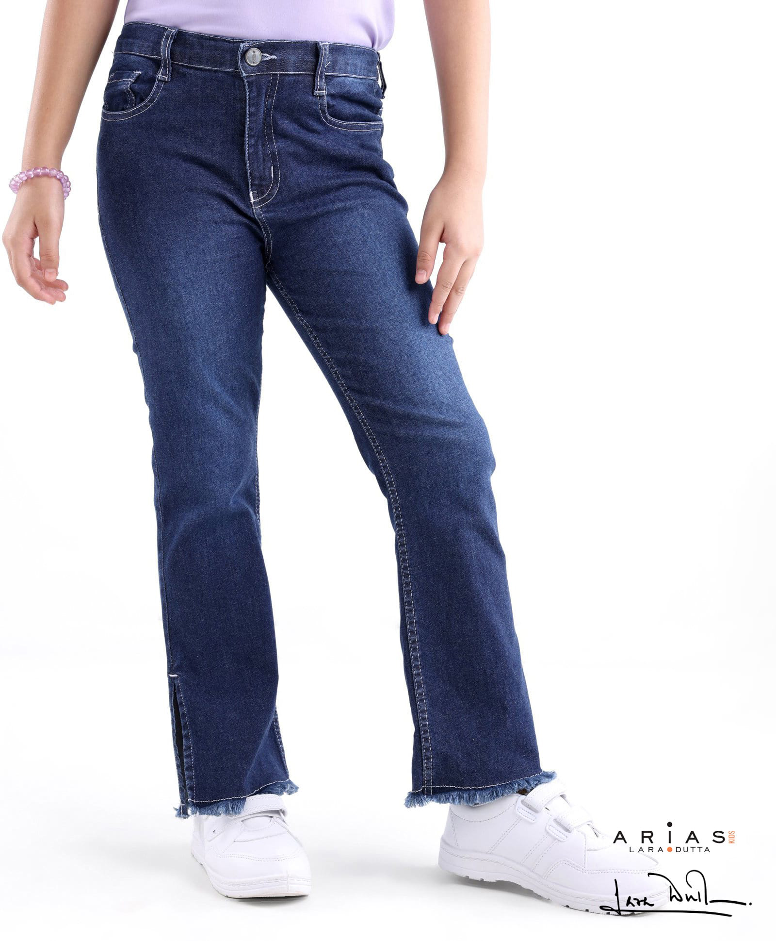 arias by lara dutta Arias Cotton Stretch Flared Full Length Side Slit  Washed Jeans with Heart Shaped Back Pocket- Dark Blue-picture-10