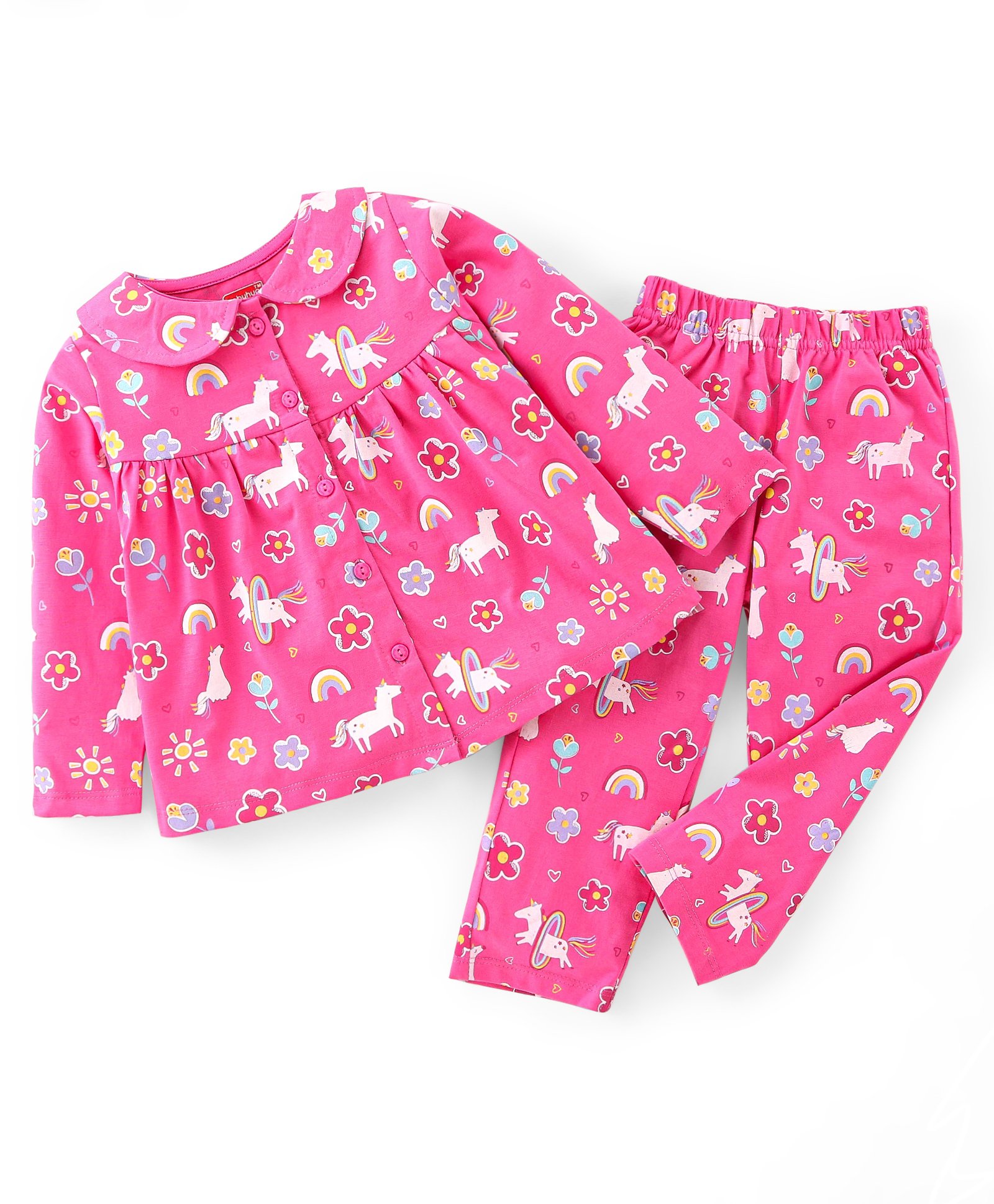 Babyhug Cotton Knit Full Sleeves Night Suit With Unicorn Print - Pink-picture-26