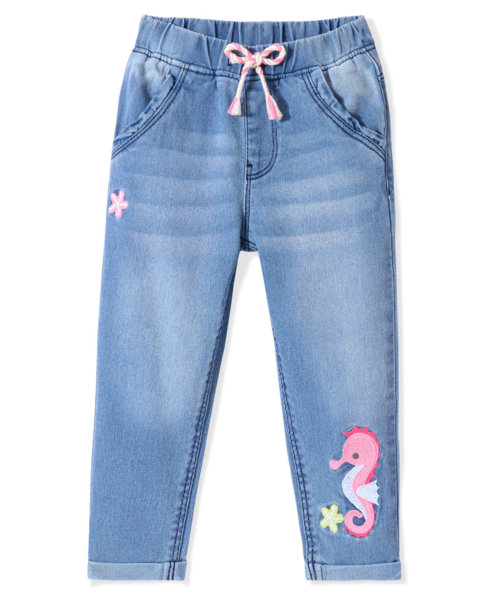 Babyhug Denim Washed  Full Length Stretchable  Jeans with Star & Seahorse Embroidery -Blue-image-30