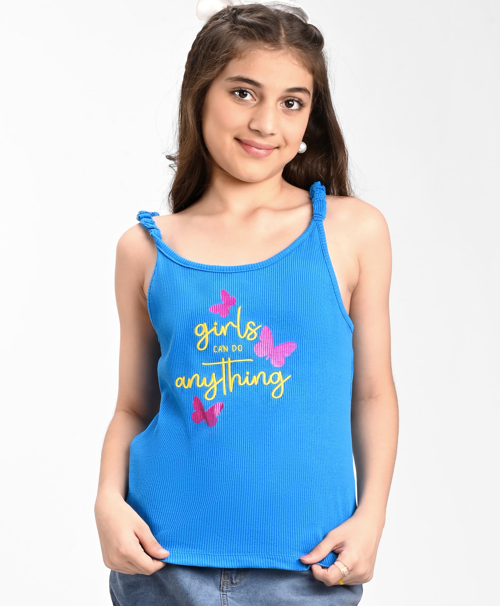 Pine Kids Cotton Sleeveless Top with Embroidered Text & Butterfly Print - Blue-image-37