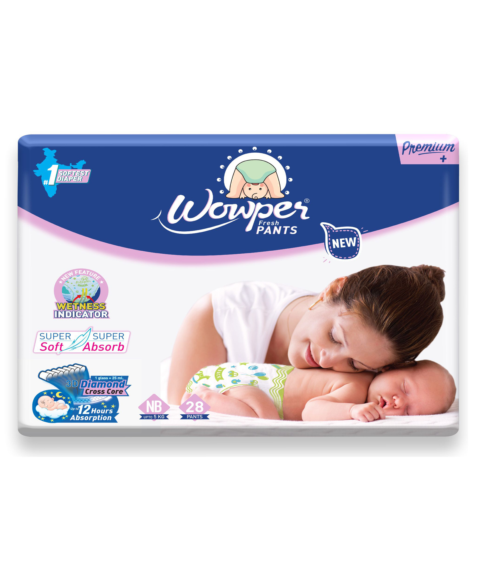 Wowper Baby Pant Style Diaper with 3D Diamond Cross Core New Born Size (NB) - 28 Pieces-image-6