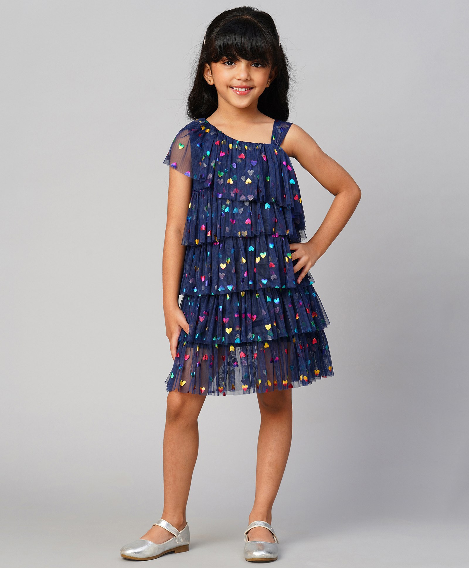 Lil Drama One Shoulder Half Sleeves All Over Hearts Foil Printed Ruffled Party Dress - Navy Blue-image-30