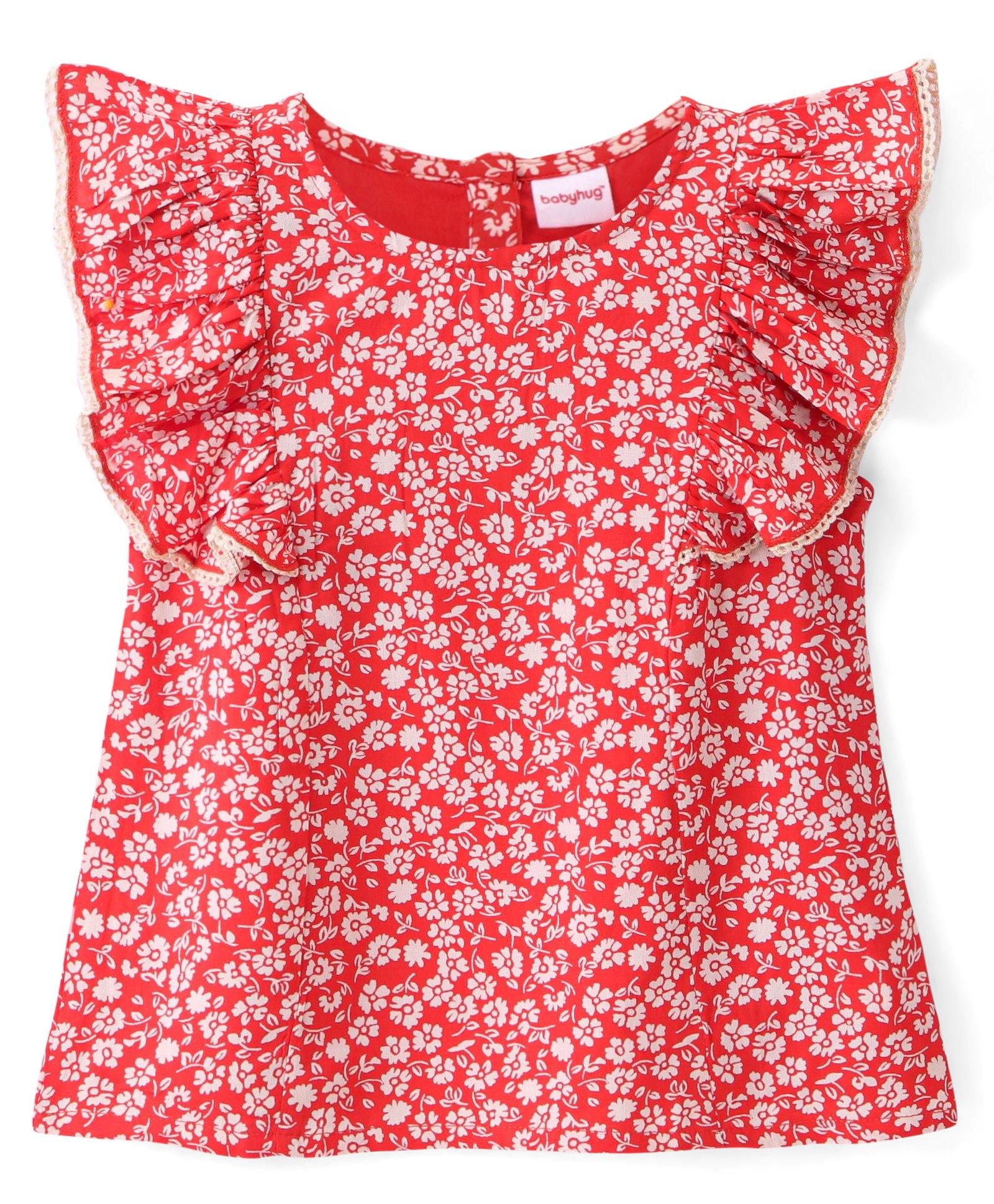 Babyhug Rayon Woven Frill Sleeves Top With Lace Detailing Floral Print - Red-image-16