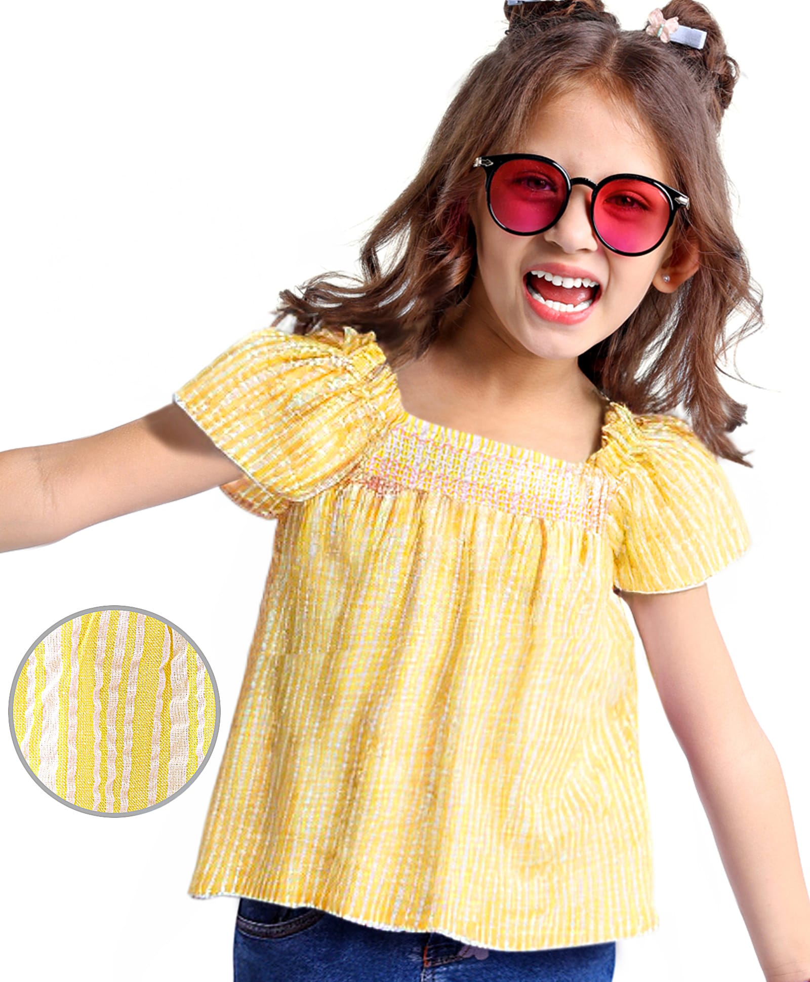Babyhug Cotton Blend Woven Half Sleeves Striped Top With Smocking & Lace Detailing - Yellow-picture-13