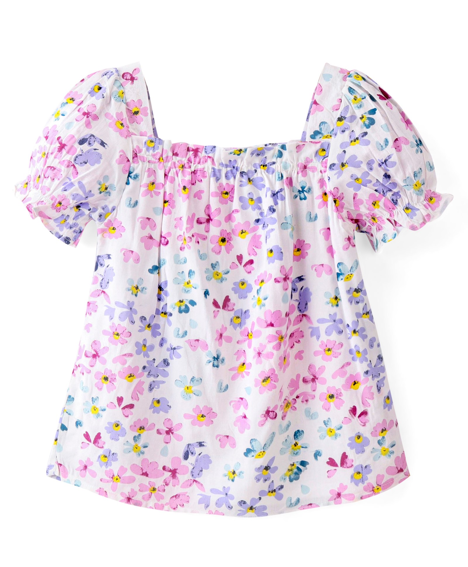 Babyhug Rayon Woven Half Sleeves Top with Smocking Detailing & Floral Print - White & Pink-image-31