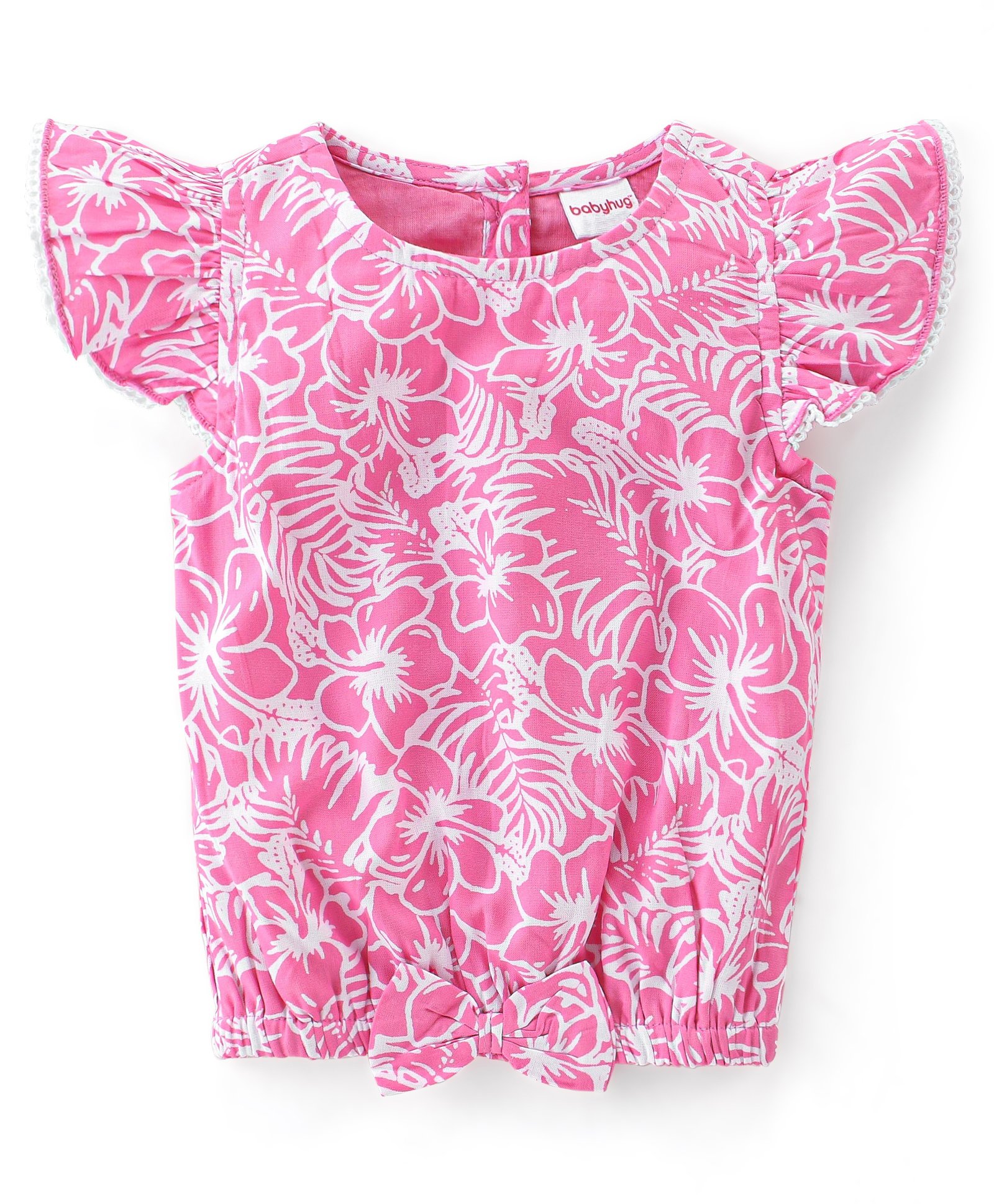 Babyhug Rayon Woven Half Sleeves Top With Lace & Bow Detailing Floral Print - Pink-image-42
