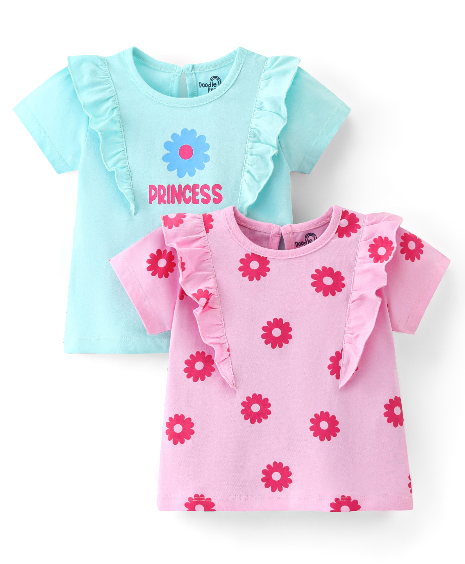 Doodle Poodle 100% Cotton Knit Half Sleeves Text & Floral Printed Tops Pack of 2 - Blue & Pink-image-14