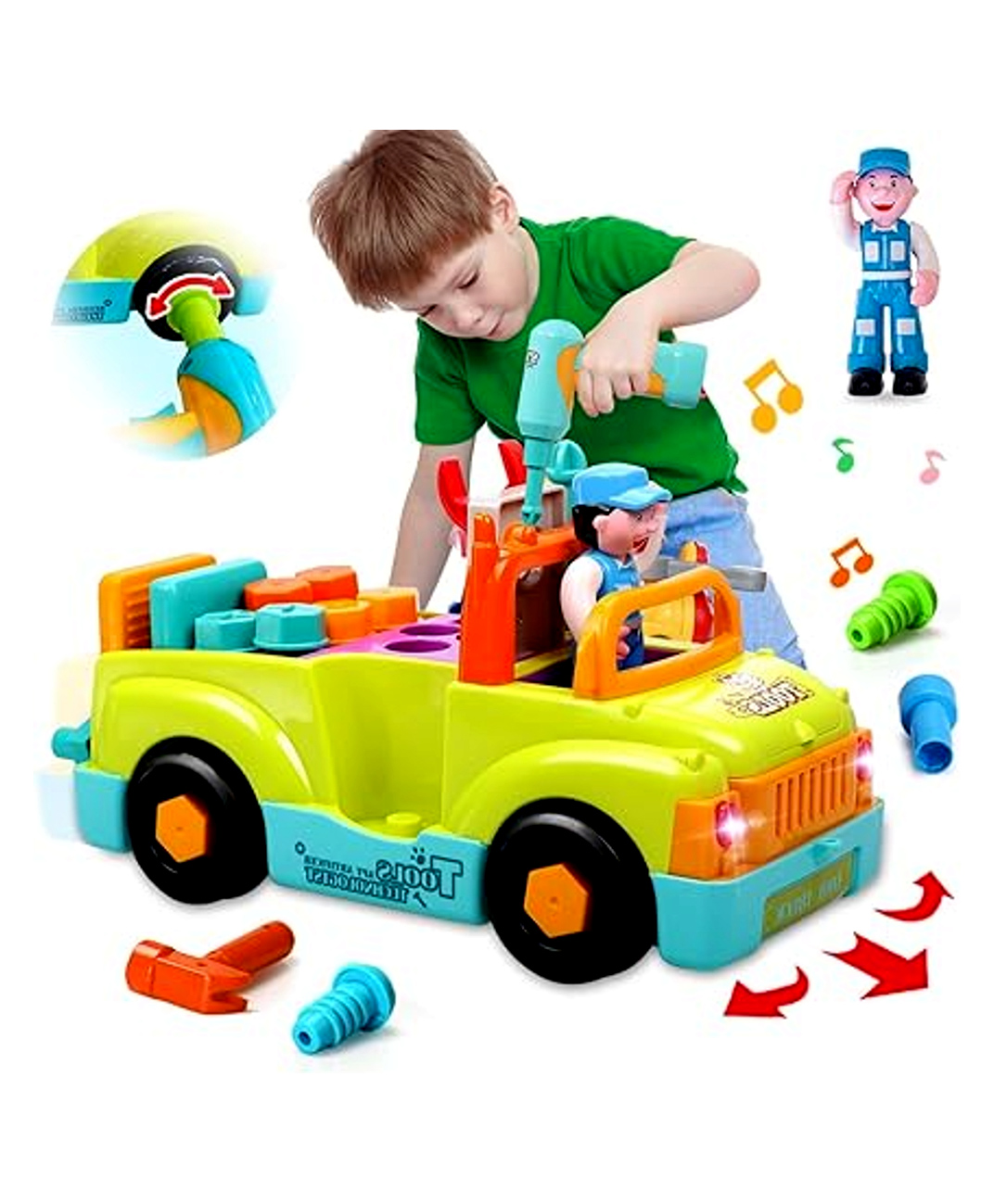 Azhari Little Mechanic Tool Truck Bump & Go Construction Truck Take Apart Car Toys with Drill Tool Music Lights-picture-27