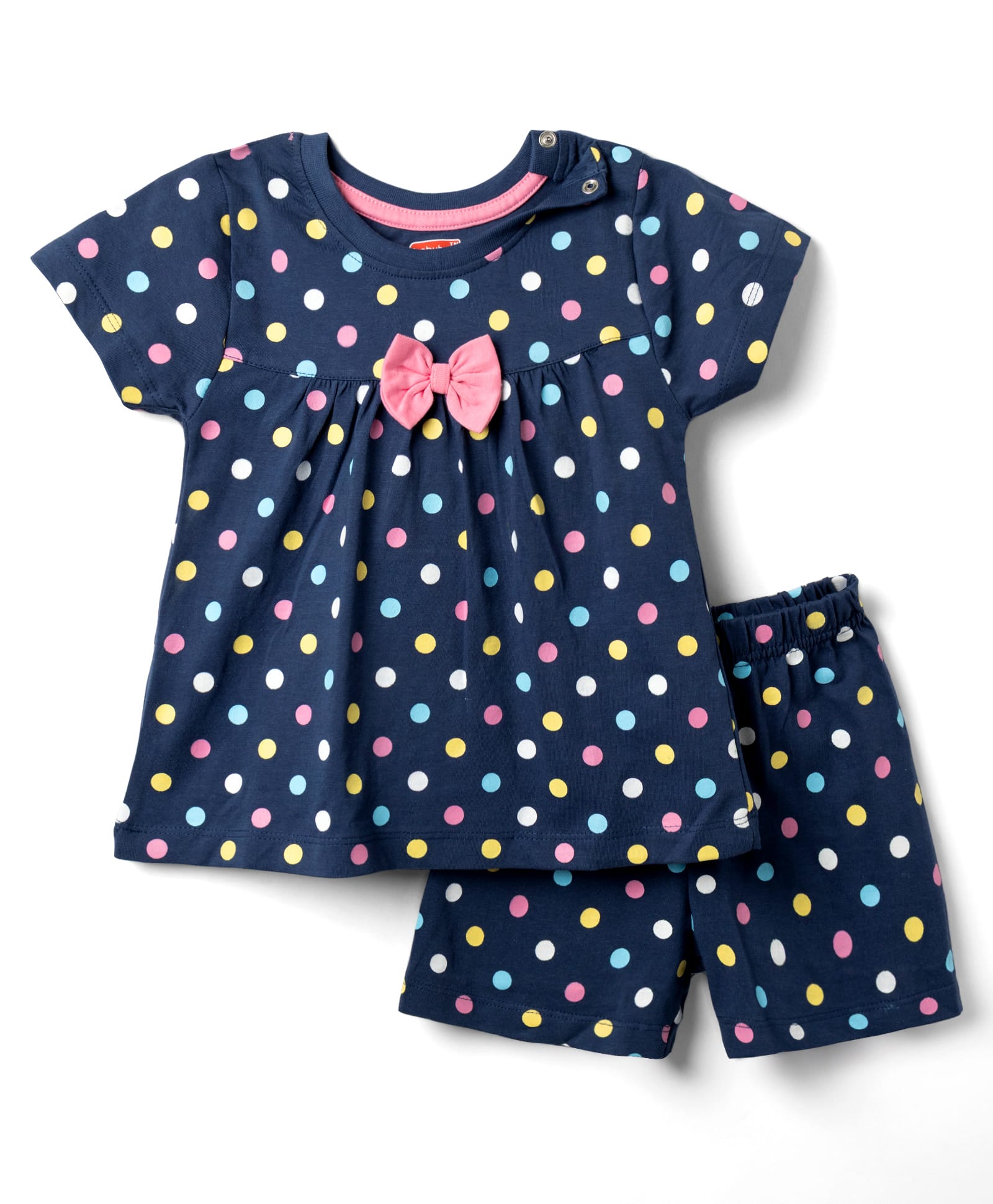 Babyhug Single Jersey Cotton Knit Half Sleeves Night Suit Polka Dot Print with Bow Applique - Navy Blue-image-46
