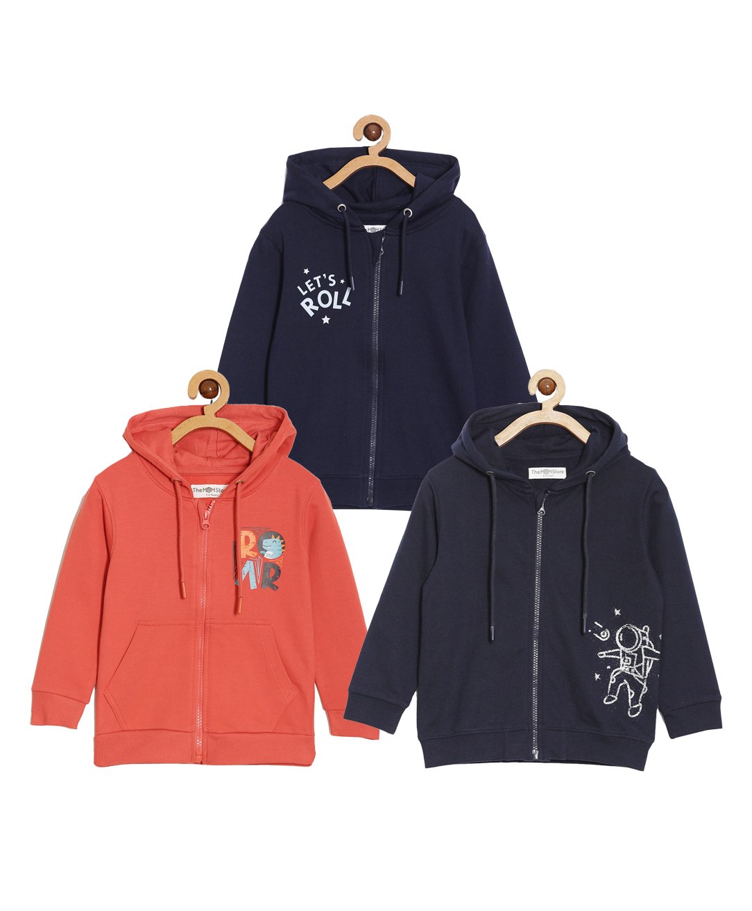 The Mom Store Pack Of 3 Cotton Full Sleeves Astronaut & Text Printed Zipper Hooded Sweatshirts - Red & Navy Blue-picture-22