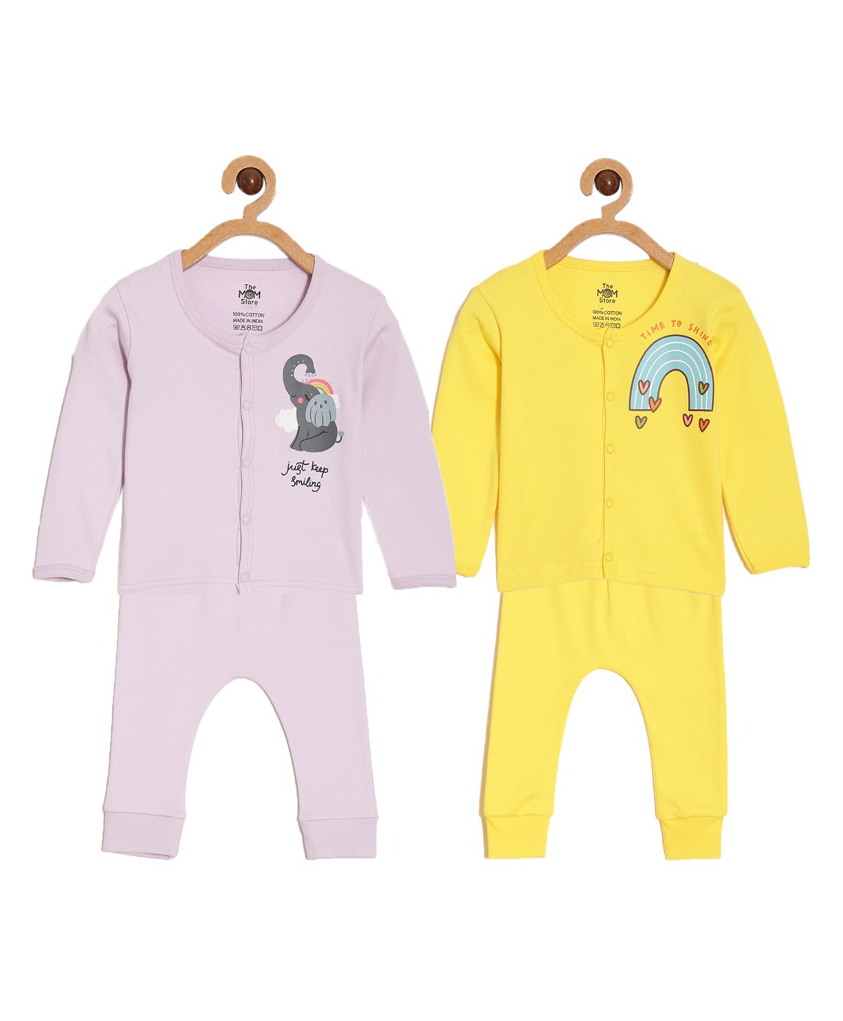 The Mom Store Pack Of 2 Full Sleeves Baby Elephant & Rainbow Printed Night Suit - Multi Colour-picture-11