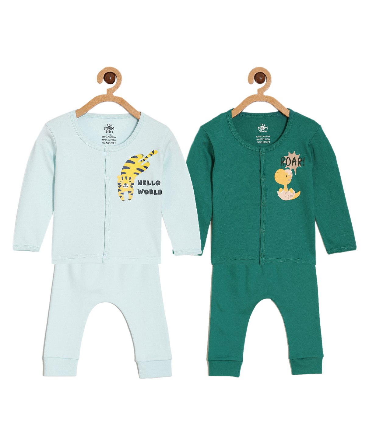 The Mom Store Pack Of 2 Full Sleeves Baby Dinosaur & Tiger Printed Night Suit - Multi Colour-image-46