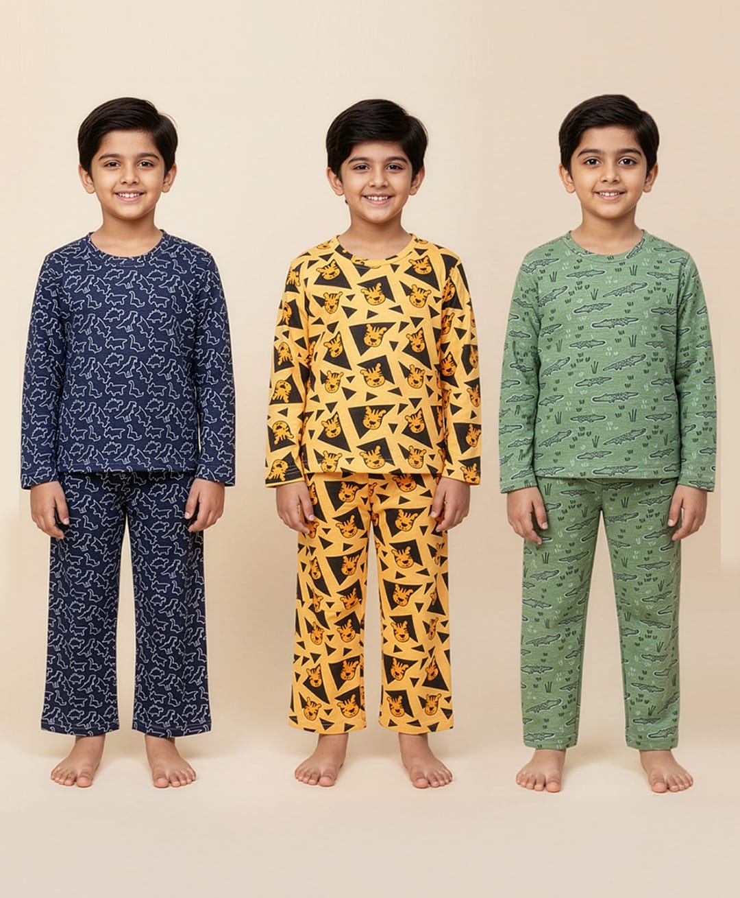 The Mom Store Pack Of 3 Full Sleeves Animals Printed Coordinating Night Suit - Green Yellow & Blue-picture-12