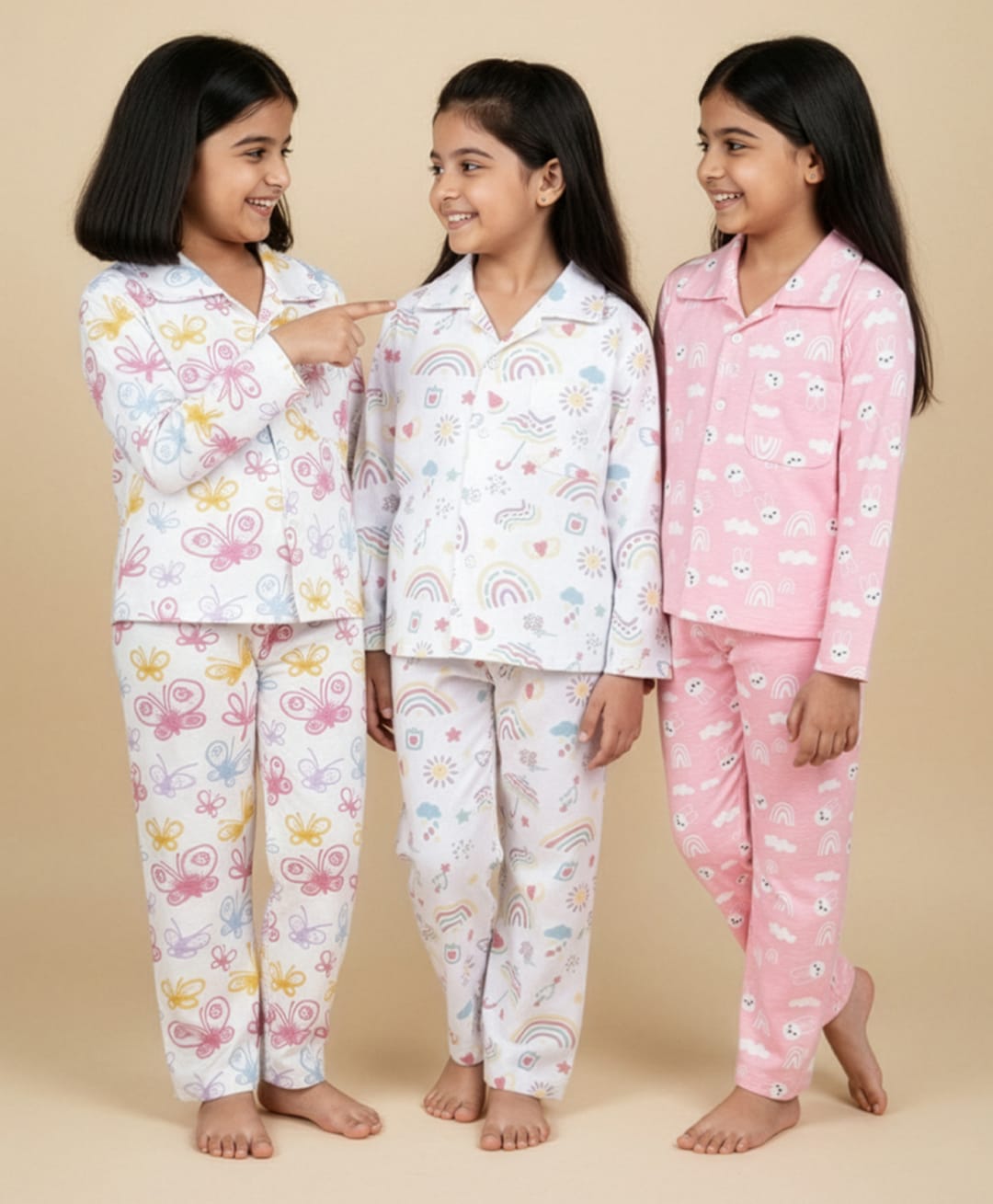 The Mom Store Pack Of 3 Full Sleeves Butterflies & Rainbow Printed Night Suit - White & Pink-image-48