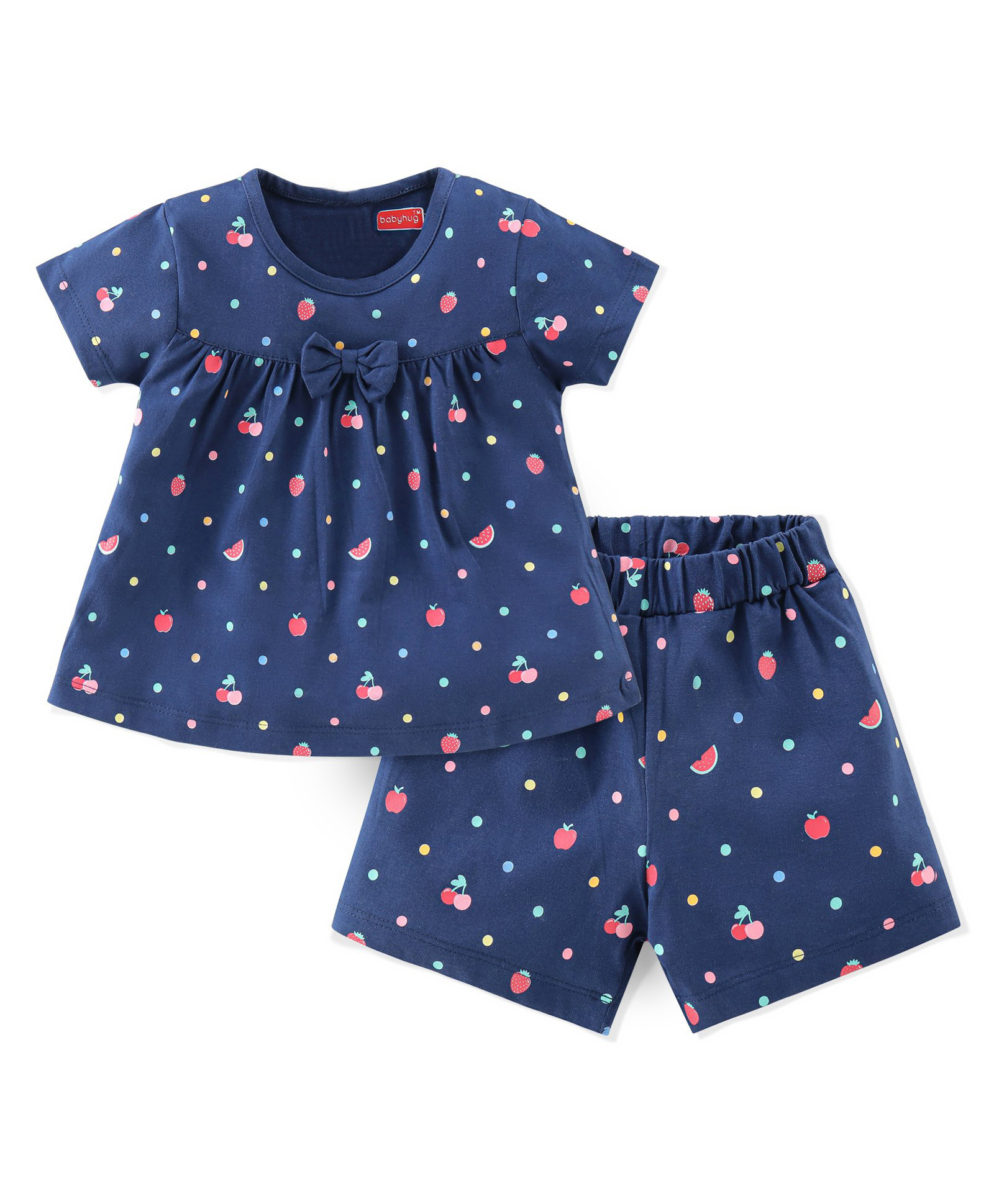 Babyhug Single Jersey Knit Half Sleeves Night Suit Fruits Printed with Bow Applique - Navy Blue-picture-11