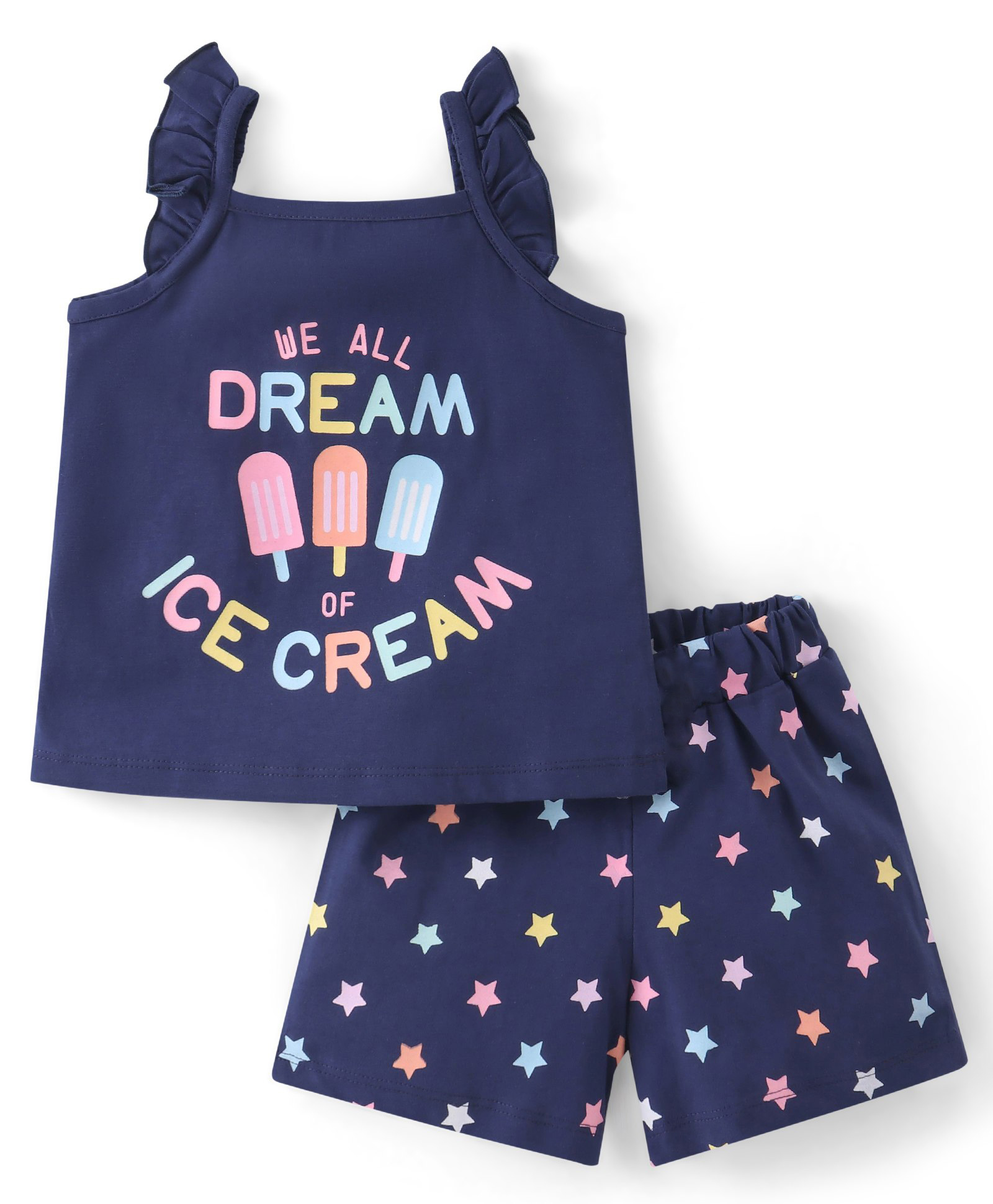 Babyhug Cotton Single Jersey Knit Frill Sleeves Night Suit Star & Ice Cream Print- Navy Blue-image-11
