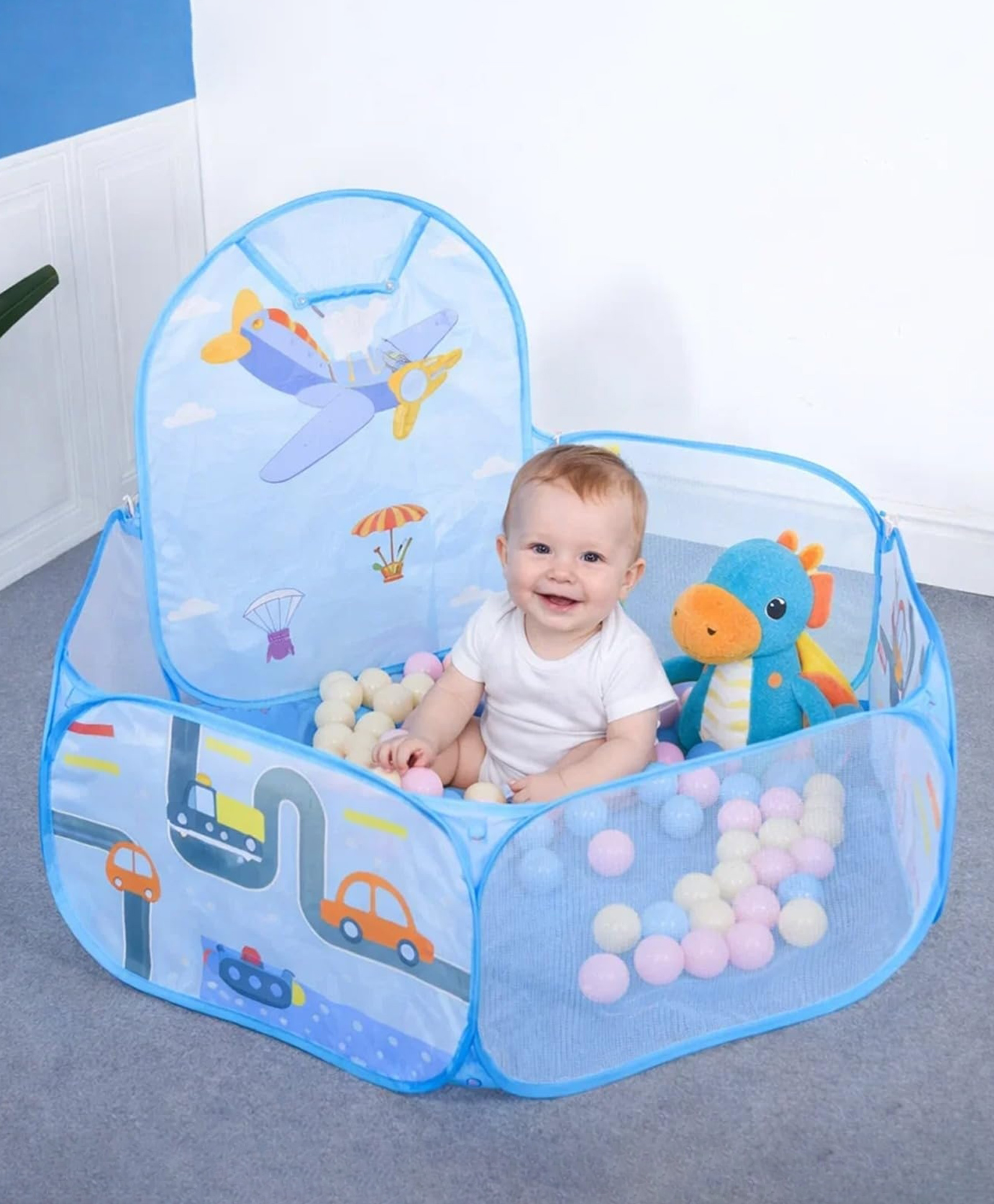 BabyGo Aeroplane Kids Ball Pit, Large Pop Up Children Airplane Play Tent with Basketball for Toddlers (Balls not included) - Blue-picture-8