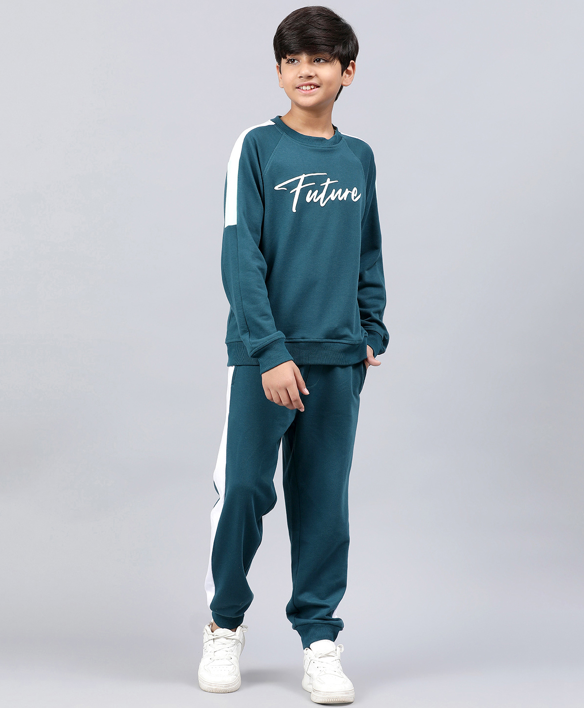 Lil Tomatoes Full Sleeves Placement Text Printed Light Weight Cotton Looper Track Suit - Teal Blue-image-42