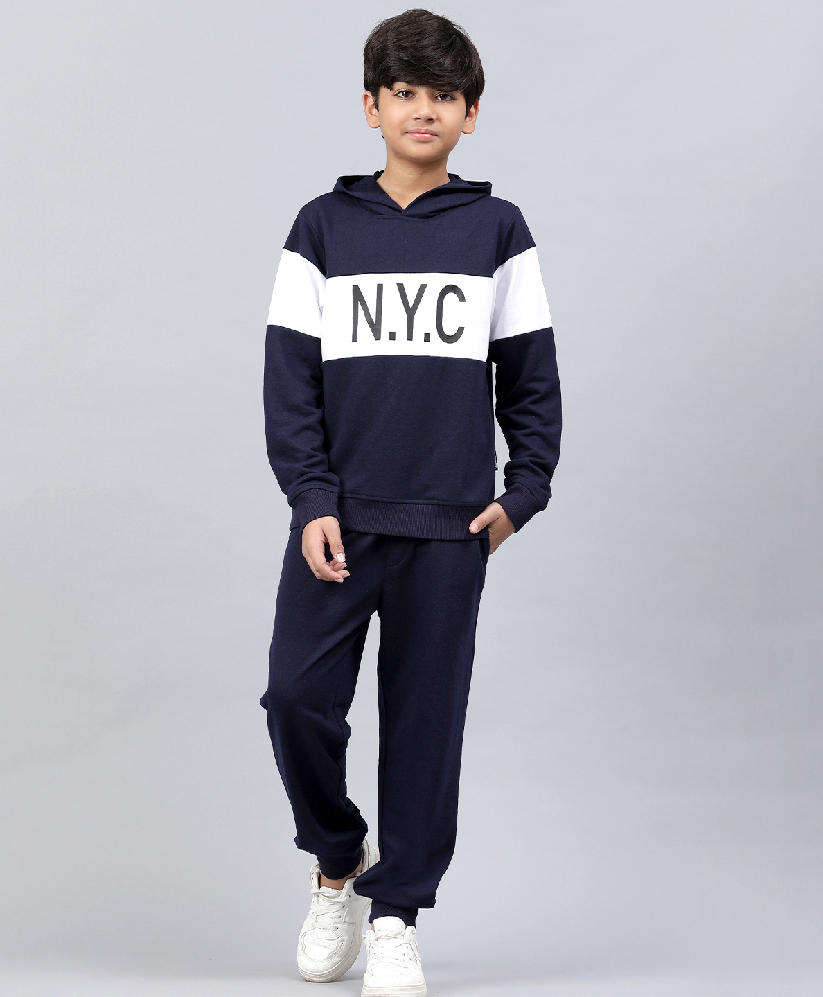 Lil Tomatoes Full Sleeves Placement Text Printed Colour Block Detailed Light Weight Cotton Looper Track Suit - Navy Blue-image-41