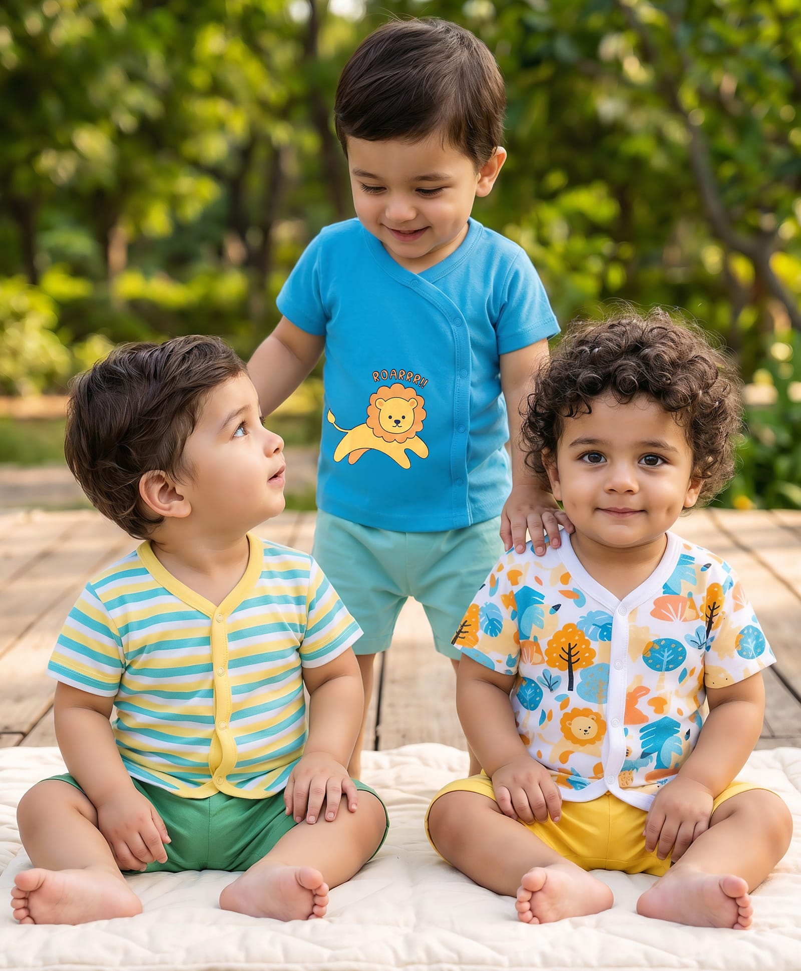 Babyhug 100% Cotton Knit Half Sleeves Vests Lion Print Pack of 3 - Multicolour-picture-20