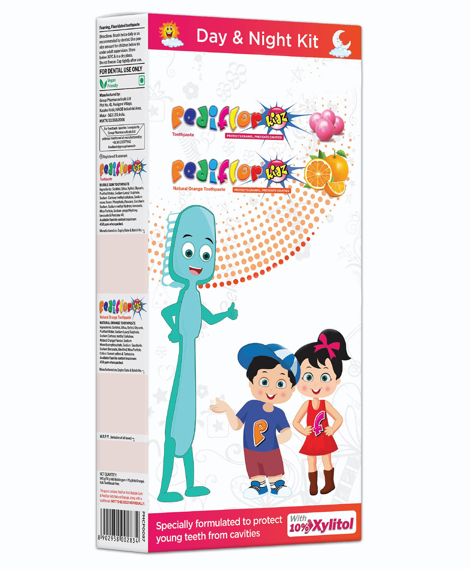 Pediflor Kidz Day & Night Kit Anticavity Fluoride Orange and Bubble Gum Flavor Combo Toothpaste Vegan Friendly Pack of 2 - 70 g Each-image-23