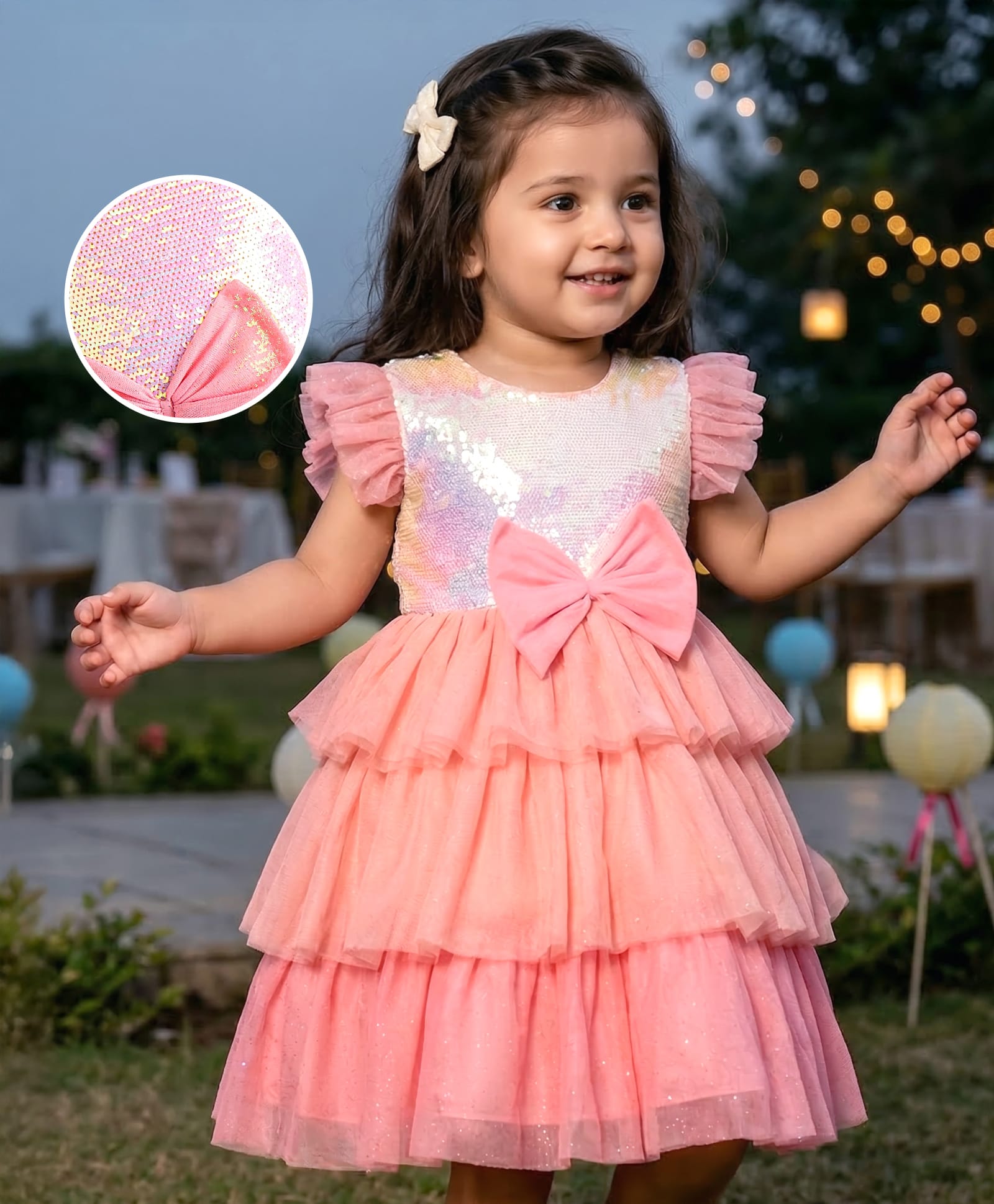 Babyhug Woven Frill Sleeves Layered Party Dress with Sequins & Bow Detailing - Pink-image-31