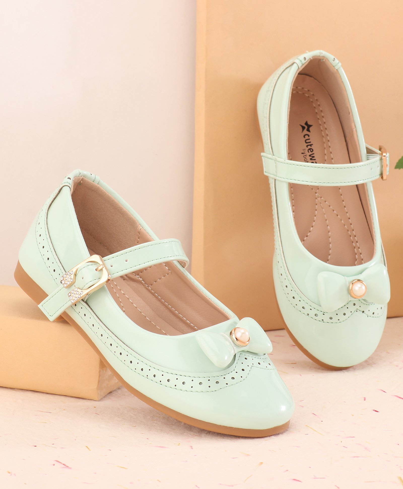 Cute Walk by Babyhug Buckled Closure Ballerina With Bow & Pearl Applique- Green-image-42
