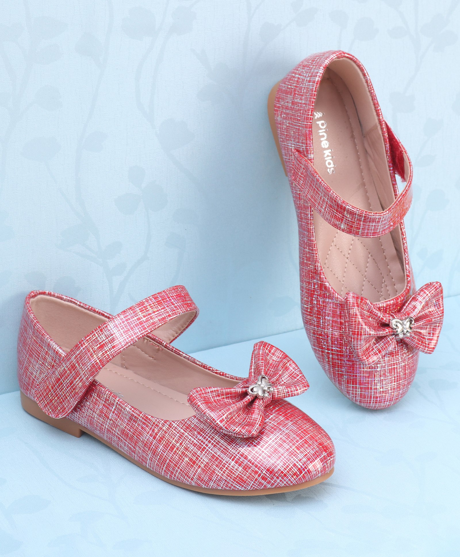 Pine Kids Ballerinas with Velcro Closure & Bow Applique - Red-image-47