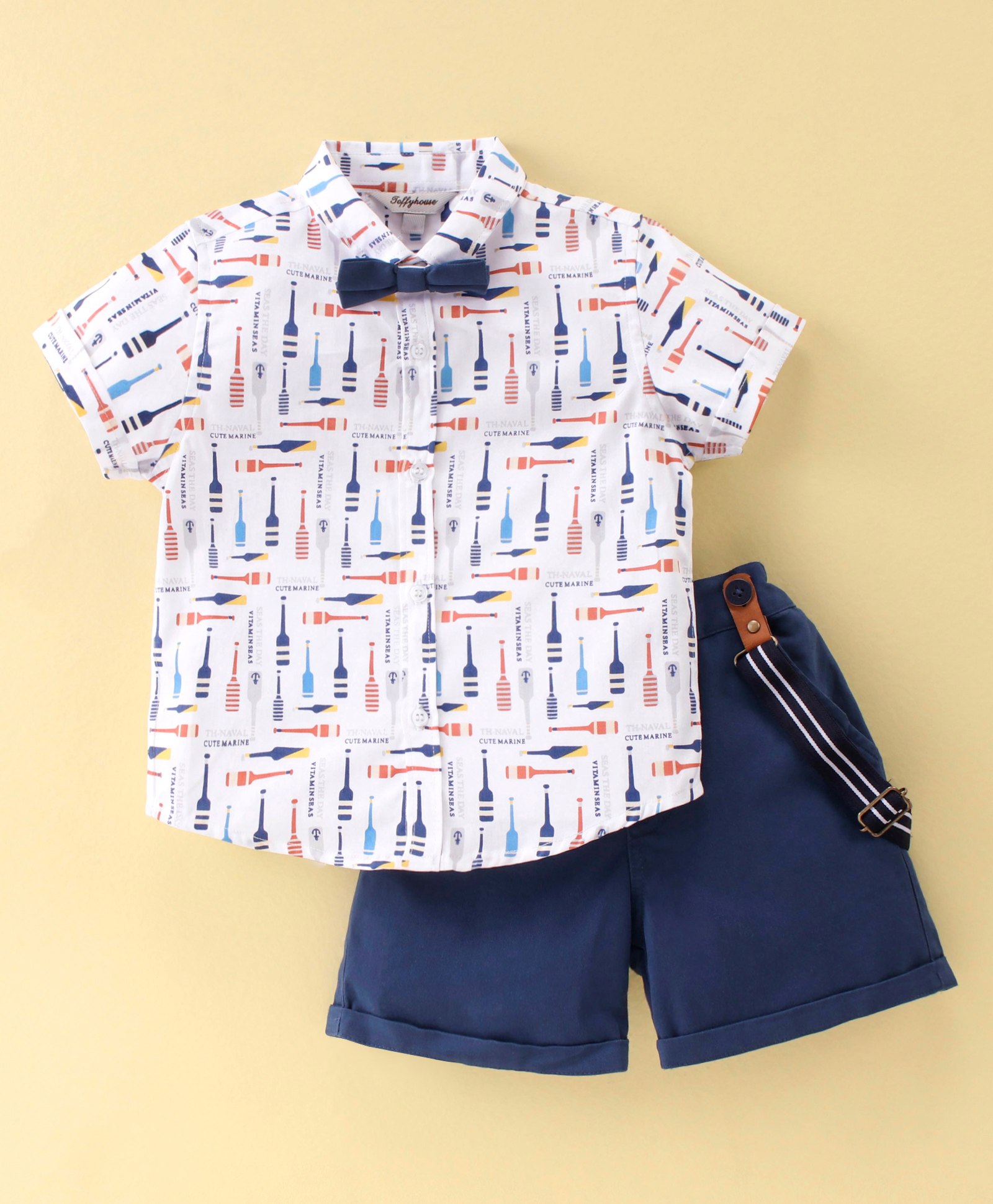 ToffyHouse Cotton Half Sleeves Paddle Printed Party Shirt & Shorts Set with Bow & Suspender - Navy Blue & White-picture-16