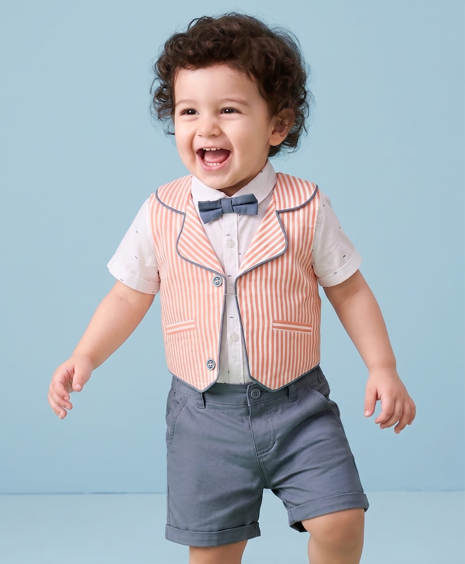 ToffyHouse Woven Half Sleeves Shirt & Shorts Set With Waistcoat & Bow Striped - Orange White & Blue-picture-39