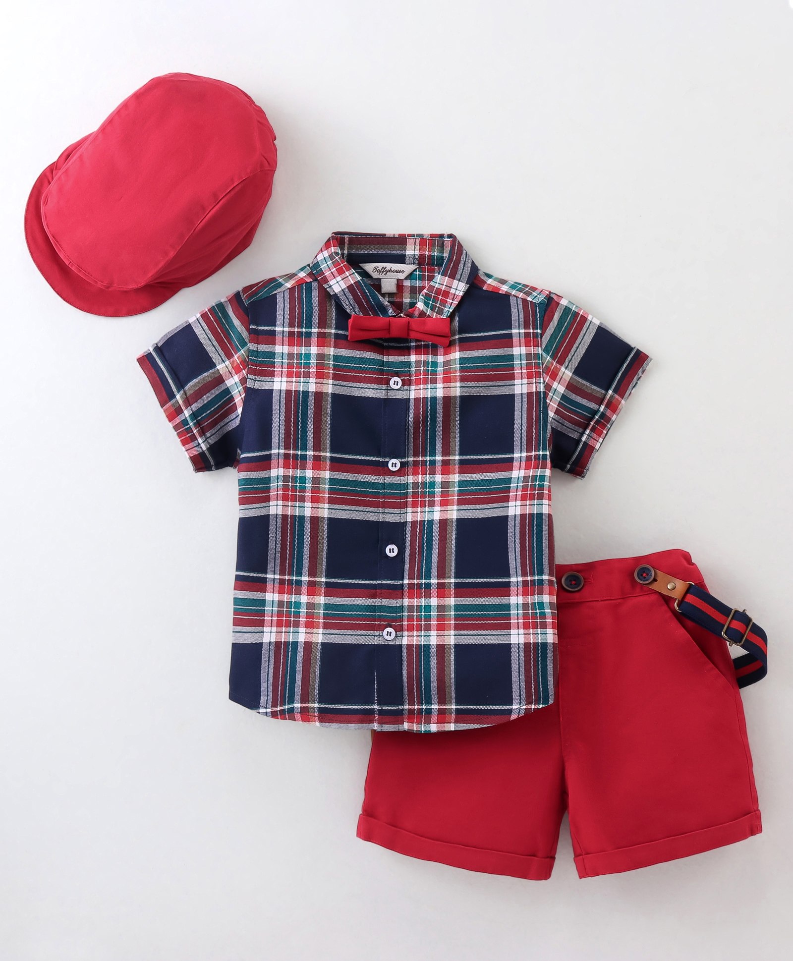 ToffyHouse Cotton Woven Half Sleeves Checks Shirt & Shorts Set with Cap - Red-image-29