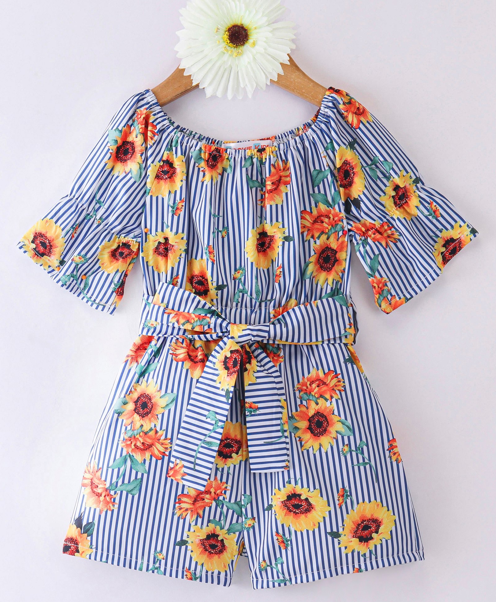 Kookie Kids Half Sleeves Jumpsuit With Striped & Floral Print - Blue-picture-14