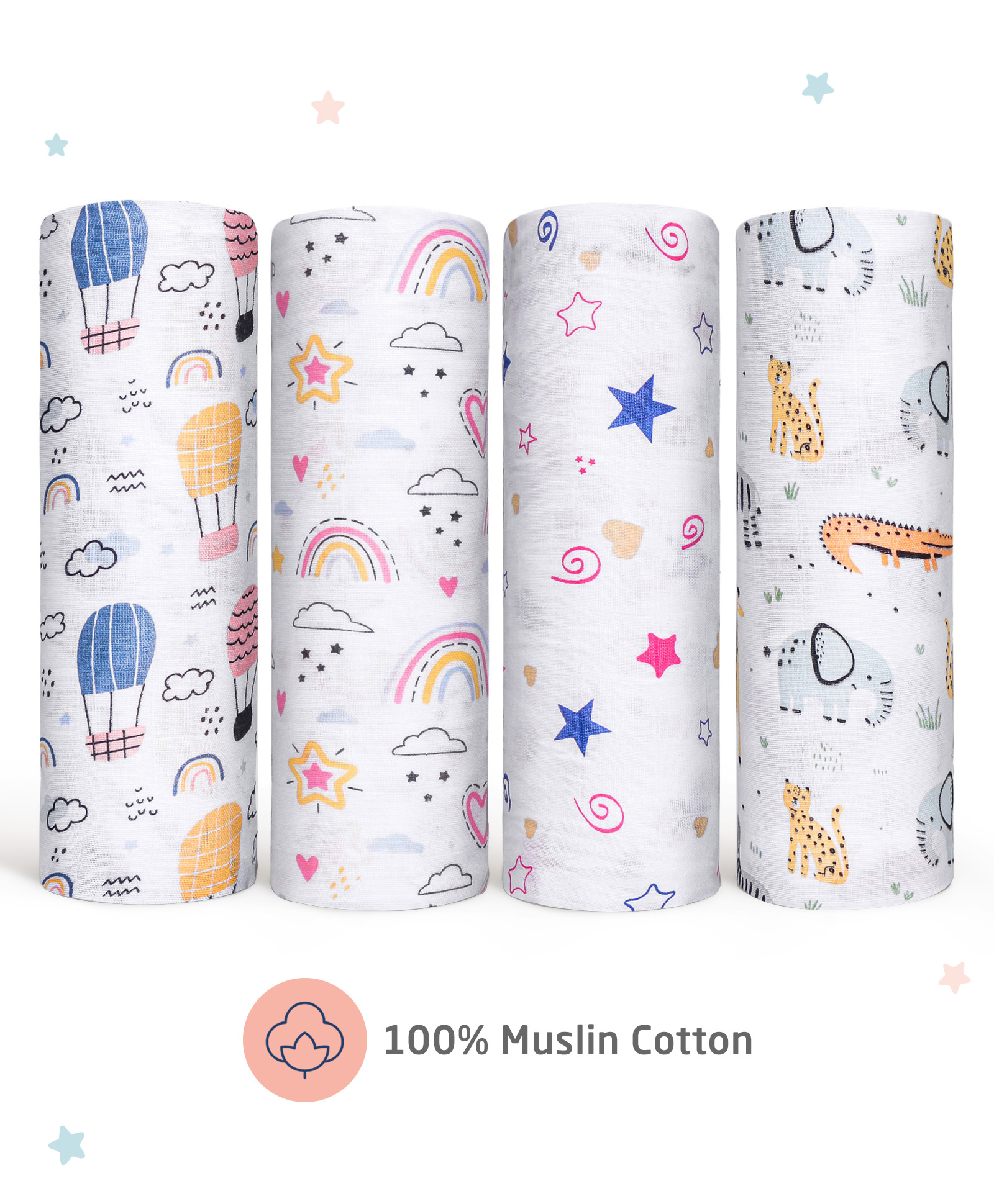 Zoe 100% Cotton Muslin Multipurpose Swaddle Wrap Pack of 4 Hot Air Balloon Print- Multicolour-image-35