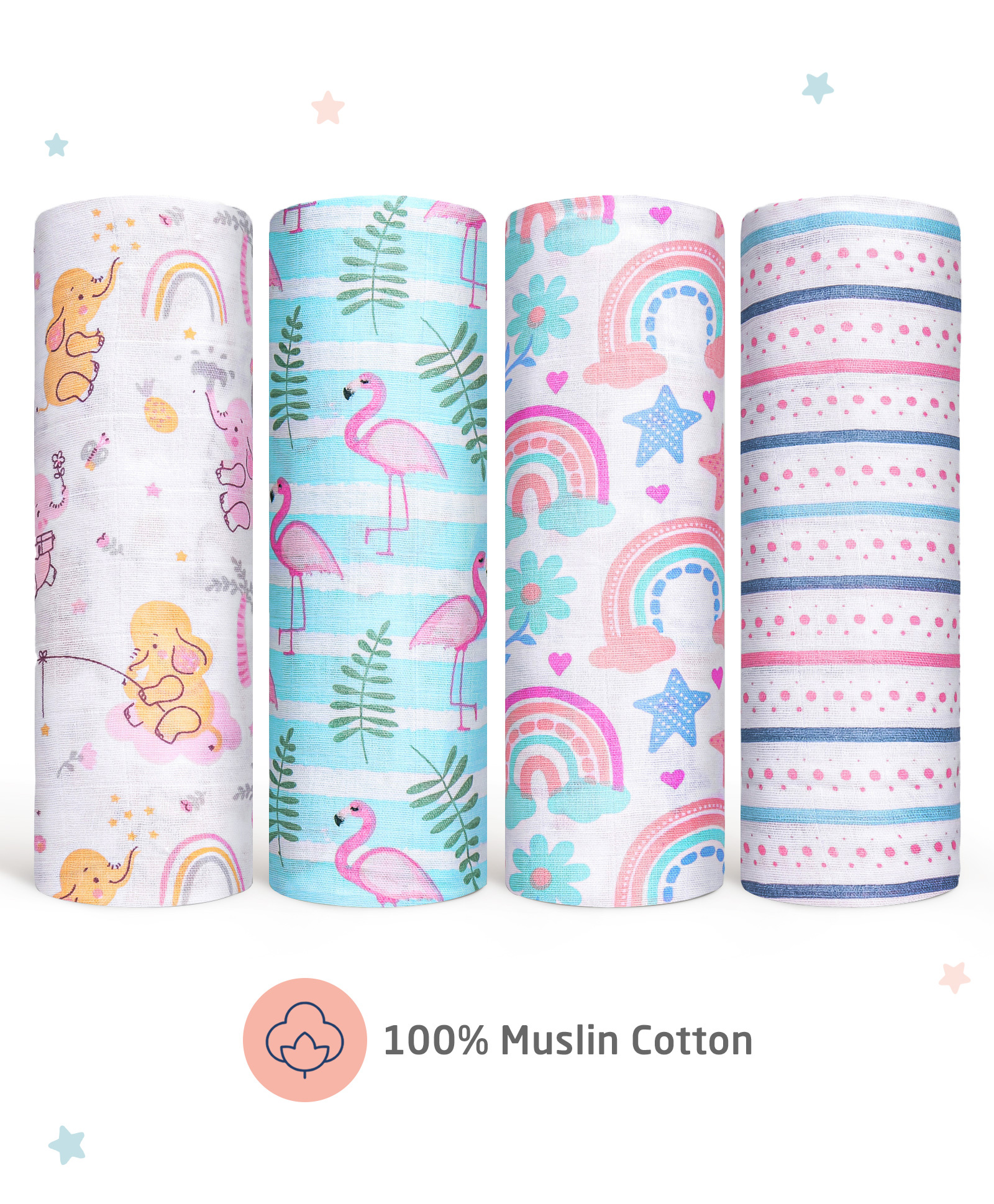 Zoe 100% Cotton Muslin Multipurpose Swaddle Wrap Pack of 4 Flamingo Print- Multicolour-picture-33