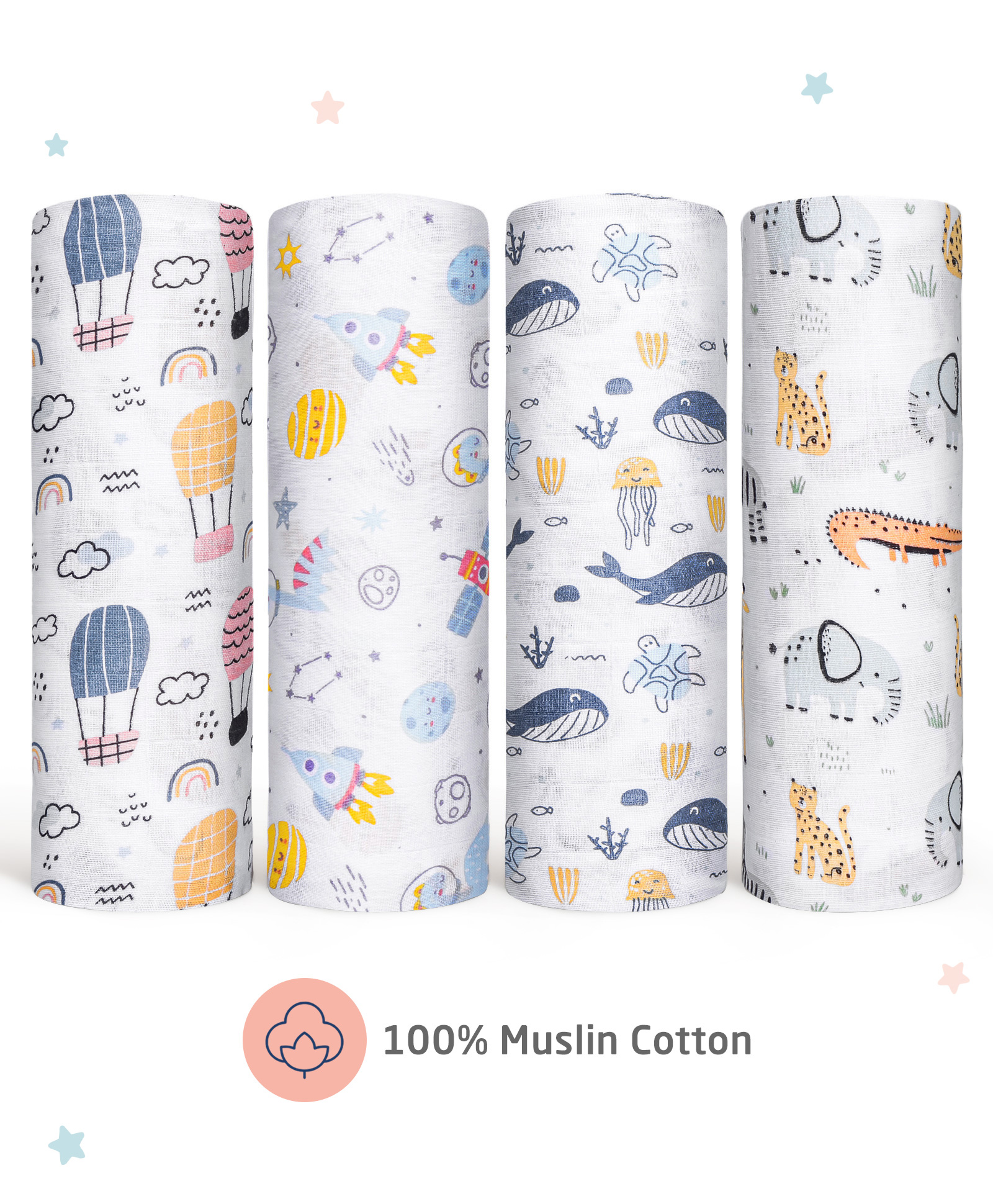 Zoe 100% Cotton Muslin Multipurpose Swaddle Wrap Pack of 4 Animal Print- Multicolour-image-26