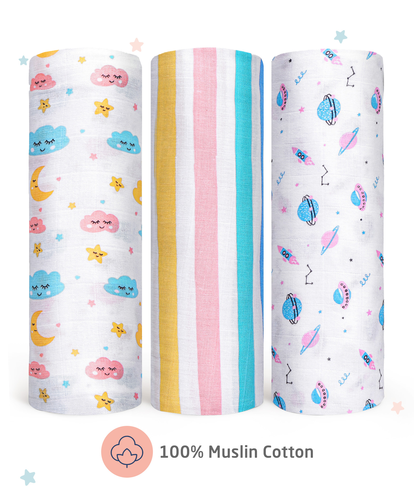 Zoe 100% Cotton Muslin Multipurpose Swaddle Wrap Pack of 3 Solar Print- Multicolour-image-24