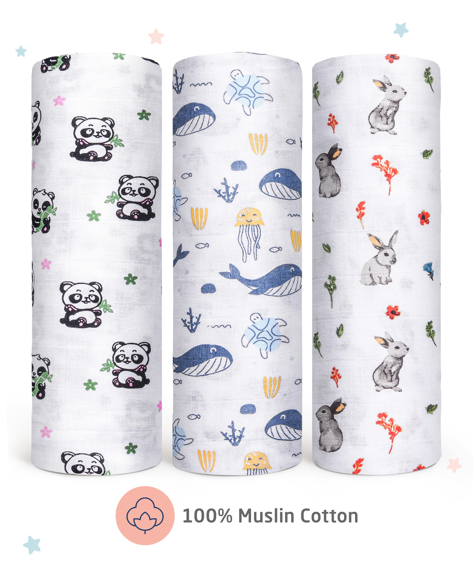 Zoe 100% Cotton Muslin Multipurpose Swaddle Wrap Pack of 3 Rabbit Print- Multicolour-picture-40