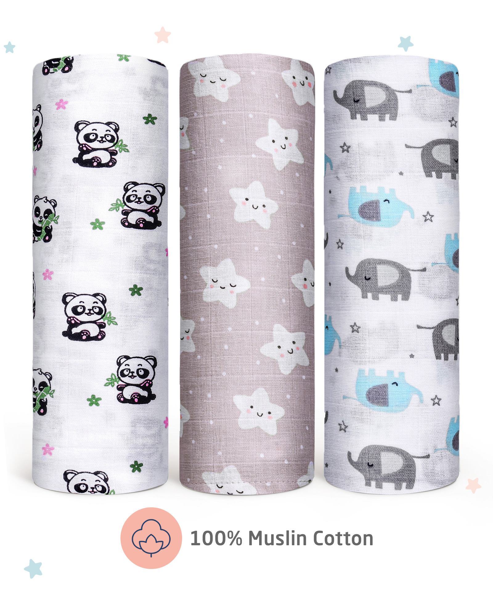 Zoe 100% Cotton Muslin Multipurpose Swaddle Wrap Pack of 3 Panda Print- Multicolour-image-28