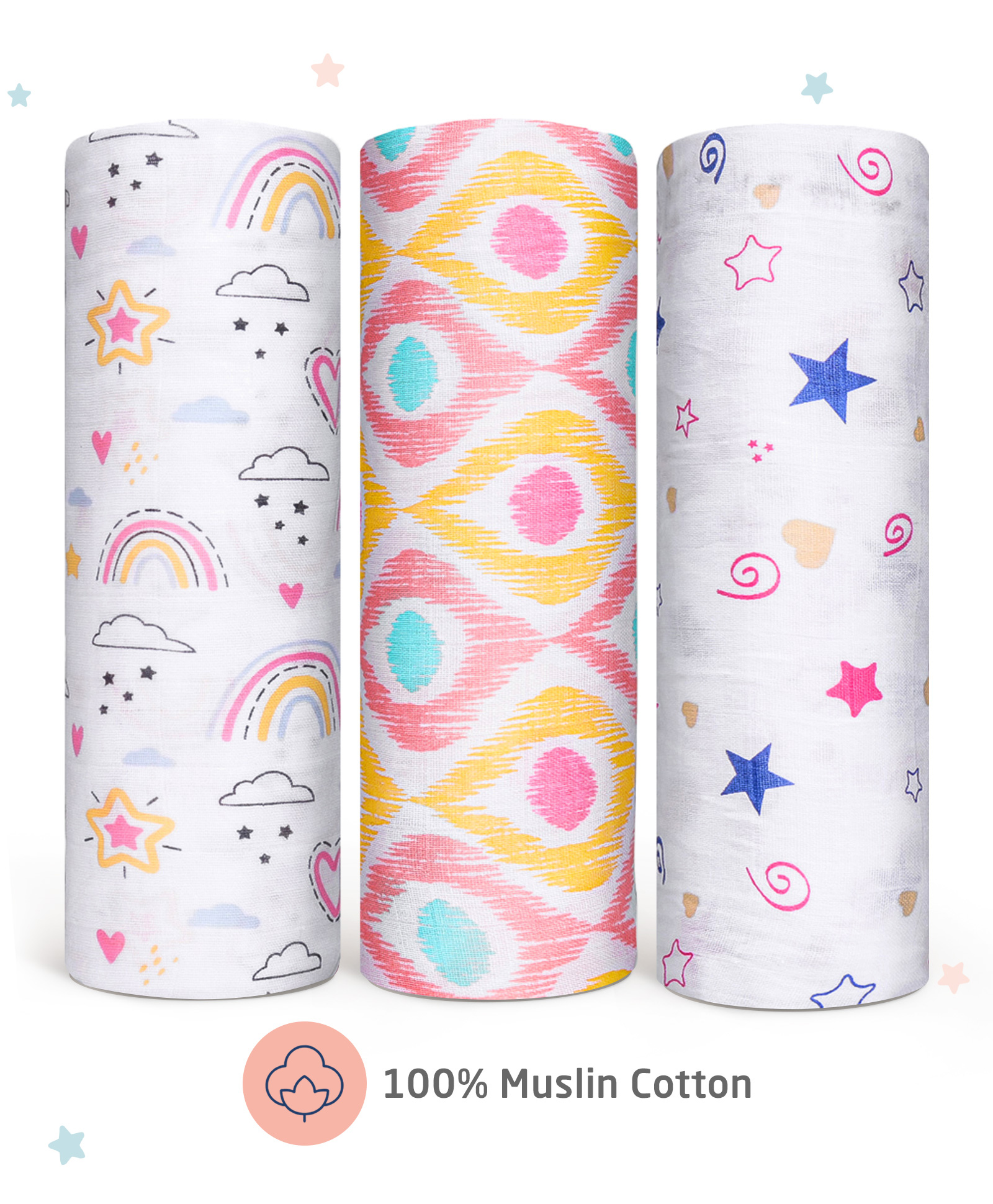 Zoe 100% Cotton Muslin Multipurpose Swaddle Wrap Pack of 3 Abstract Print- Multicolour-picture-23